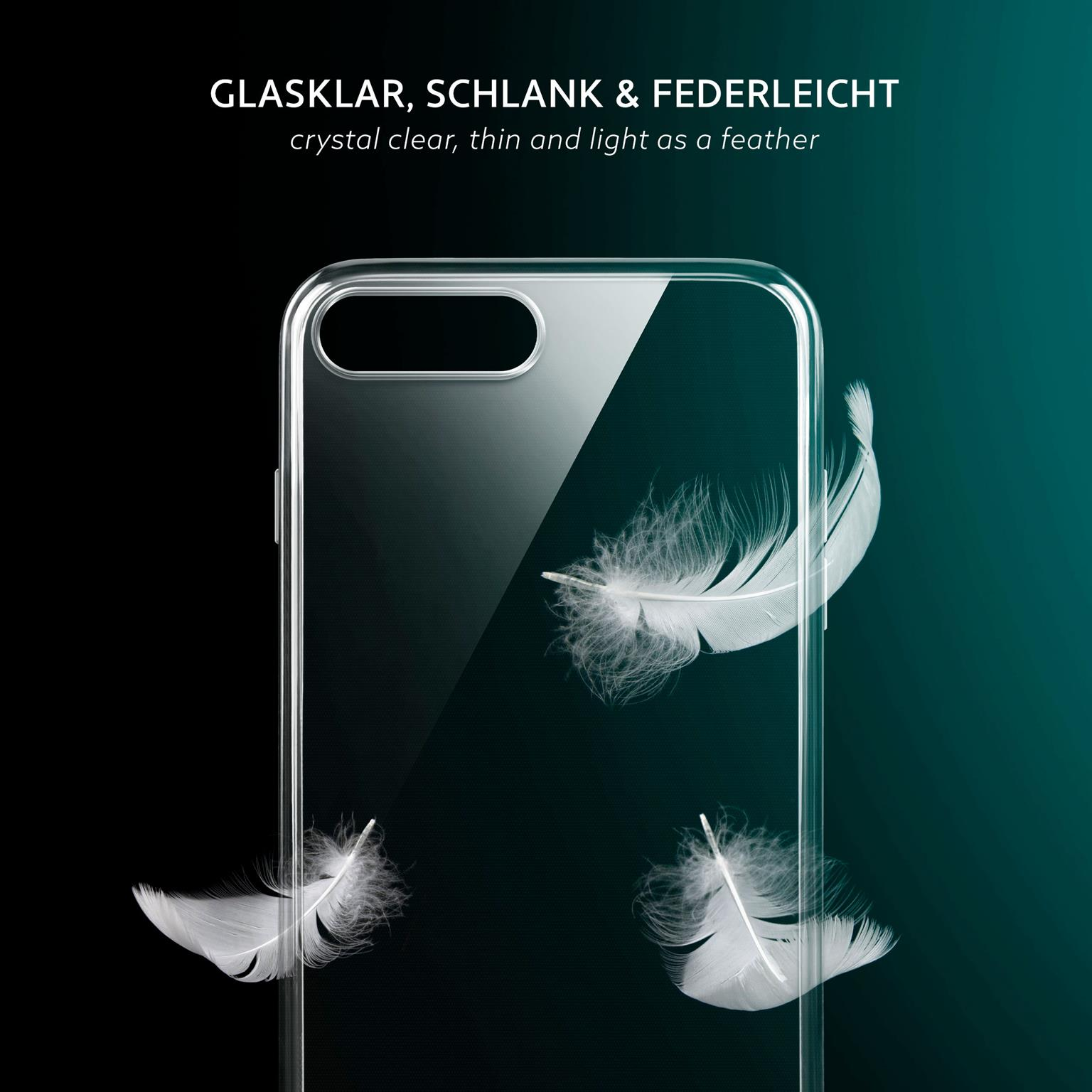 Eine transparente Handyhülle mit Federn, die auf dunklem Hintergrund schweben.