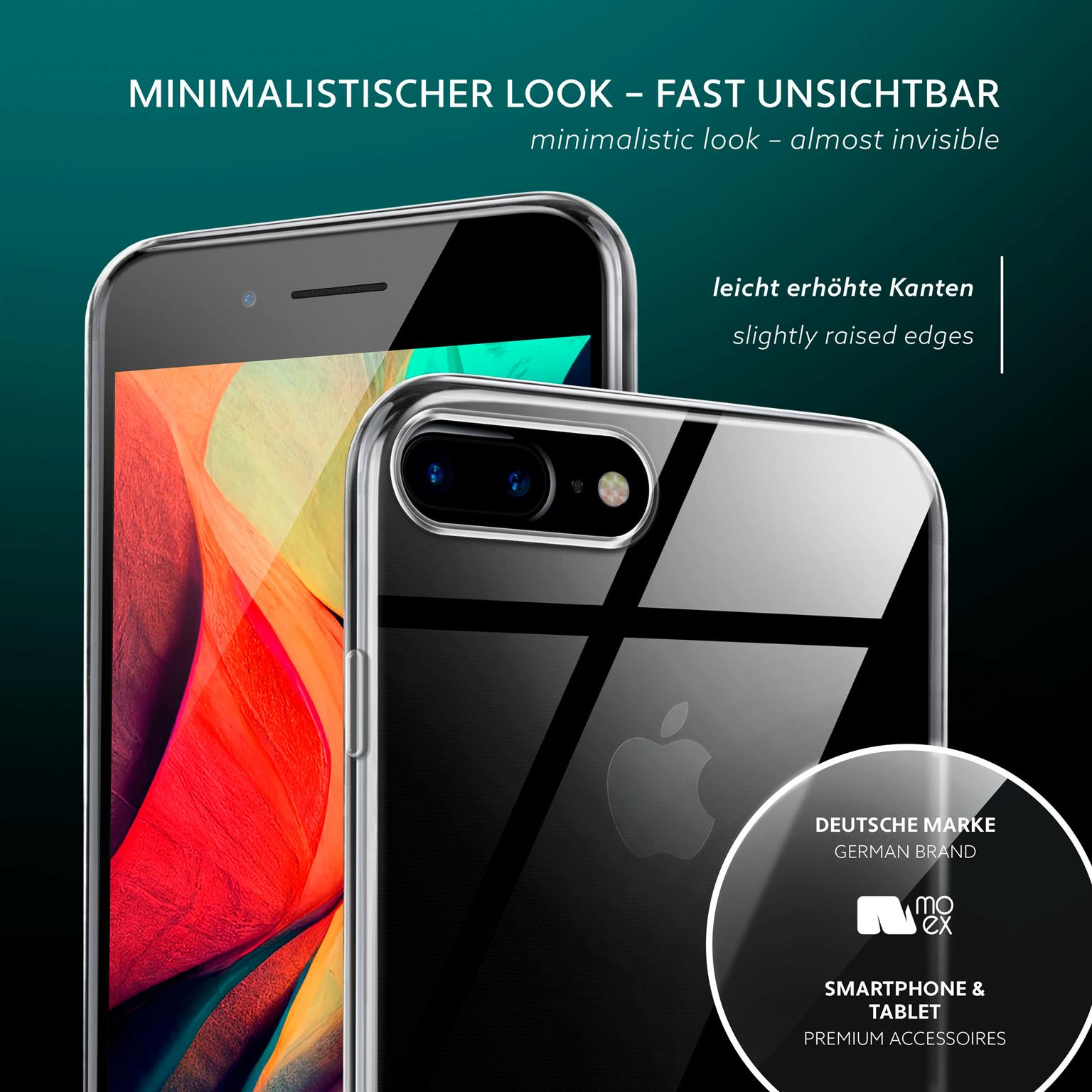 Zwei Smartphones mit Hüllen, transparentes Gehäuse, leicht erhöhte Kanten, mit Textüberlagerung.