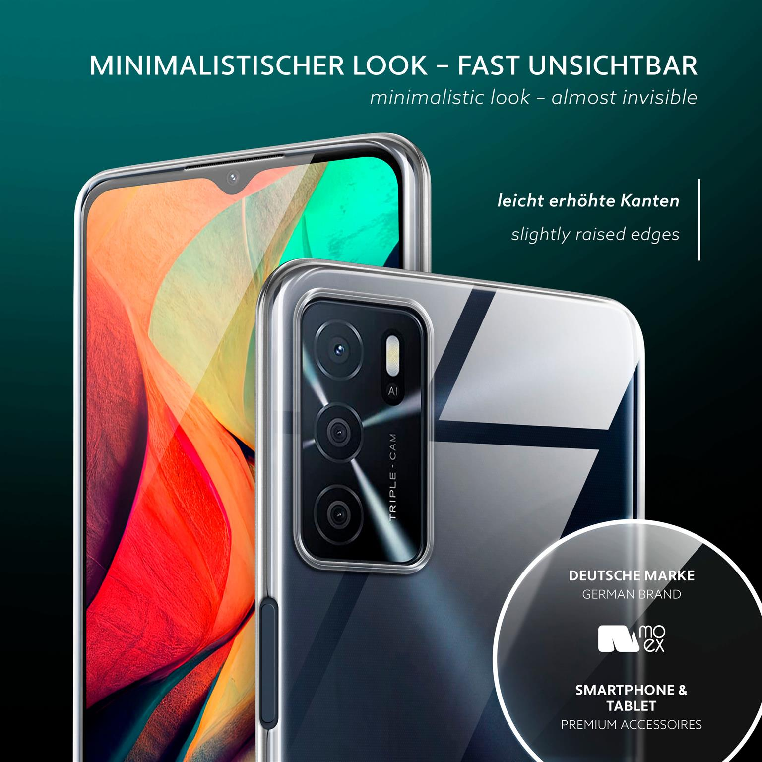 Ein Telefon in einer transparenten Hülle im Vordergrund und ein Telefon im Hintergrund, mit einem Markenlogo.