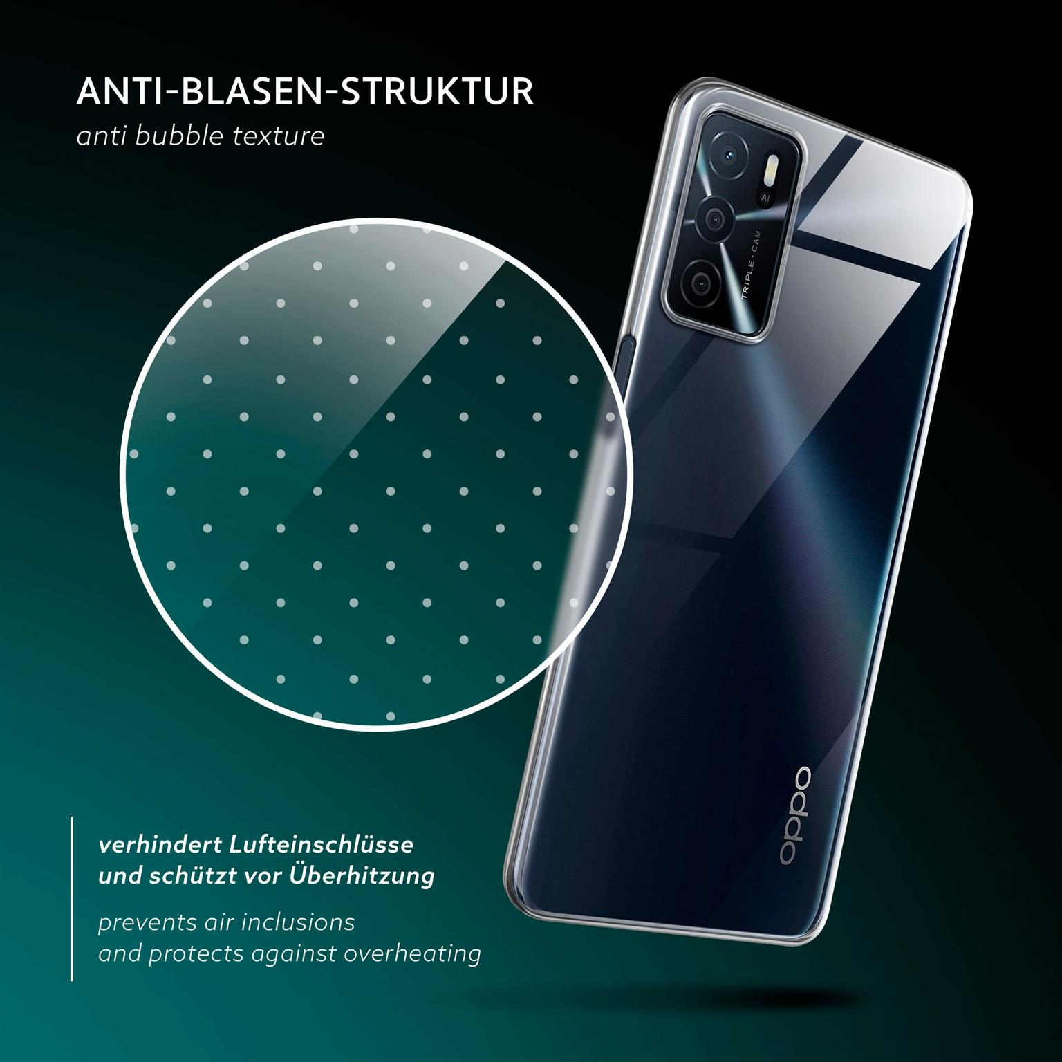 Ein Telefon in einer transparenten Hülle mit Anti-Blasen-Textur, vor einem dunkelgrün-blauen Hintergrund.