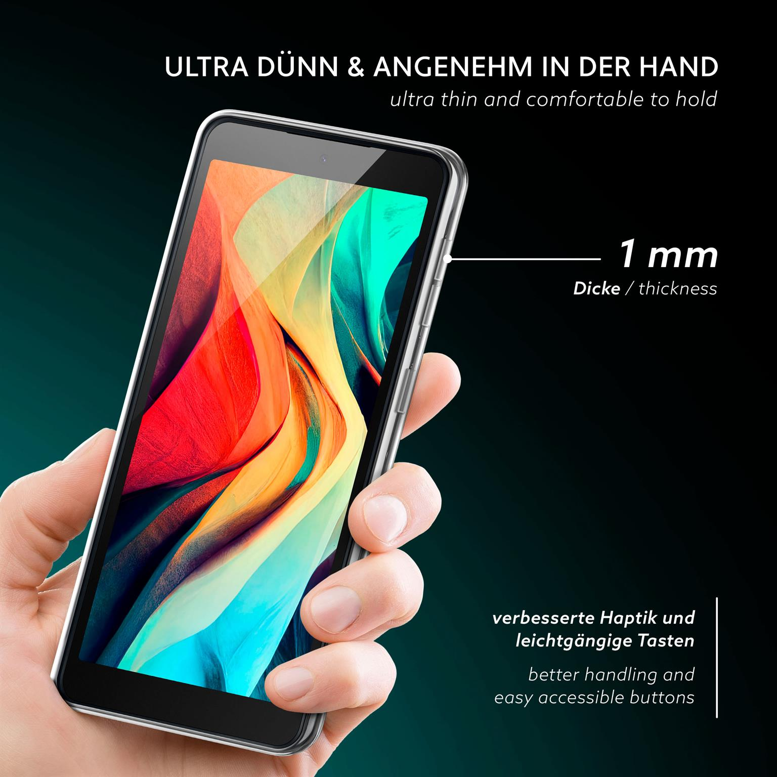 Hand hält Telefon mit transparenter Hülle. Die Hülle ist dünn, der Bildschirm an.