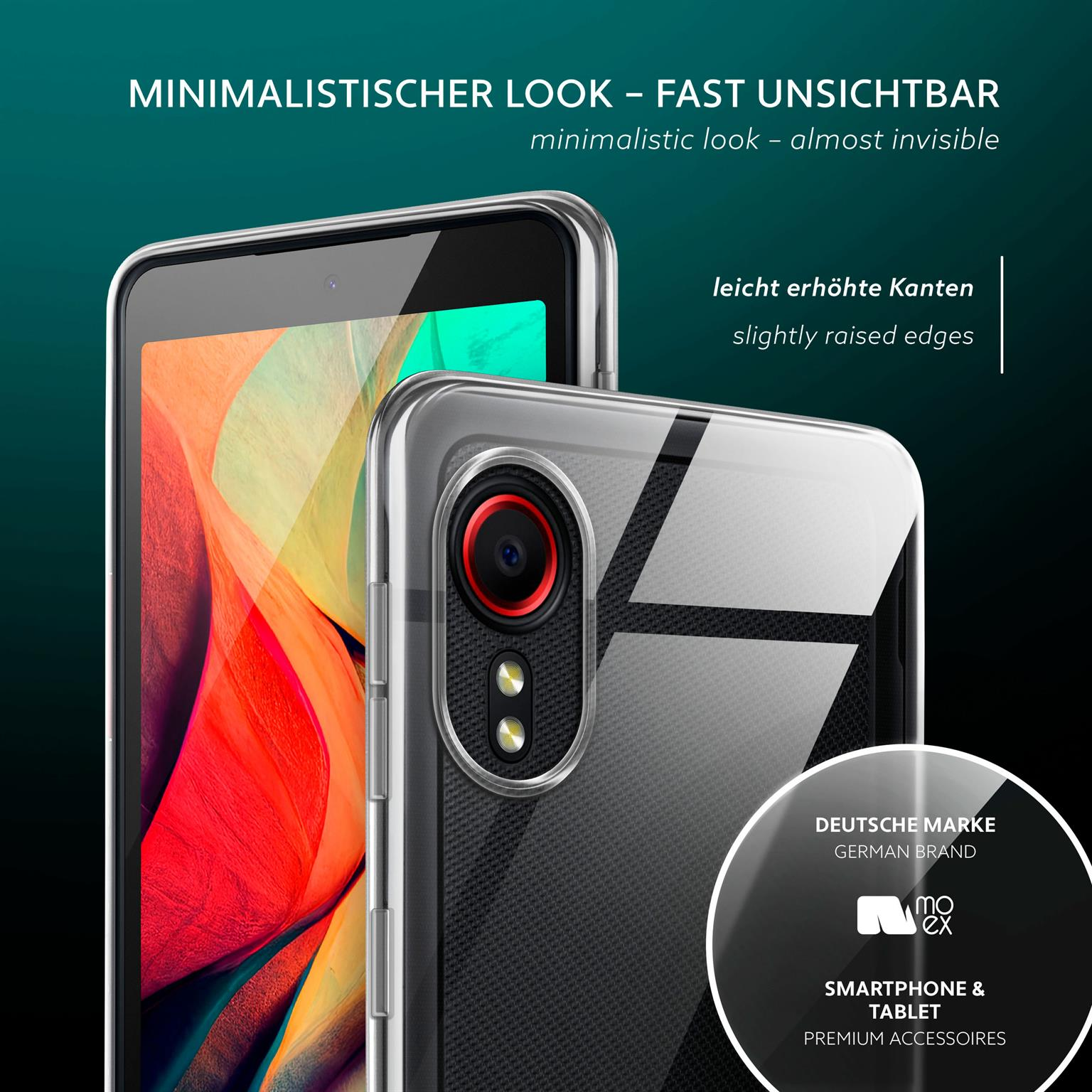 Zwei Telefone, eines mit einer transparenten Hülle und ein anderes. Der Text lautet: minimalistischer Look. Die Hülle hat leicht erhöhte Kanten.