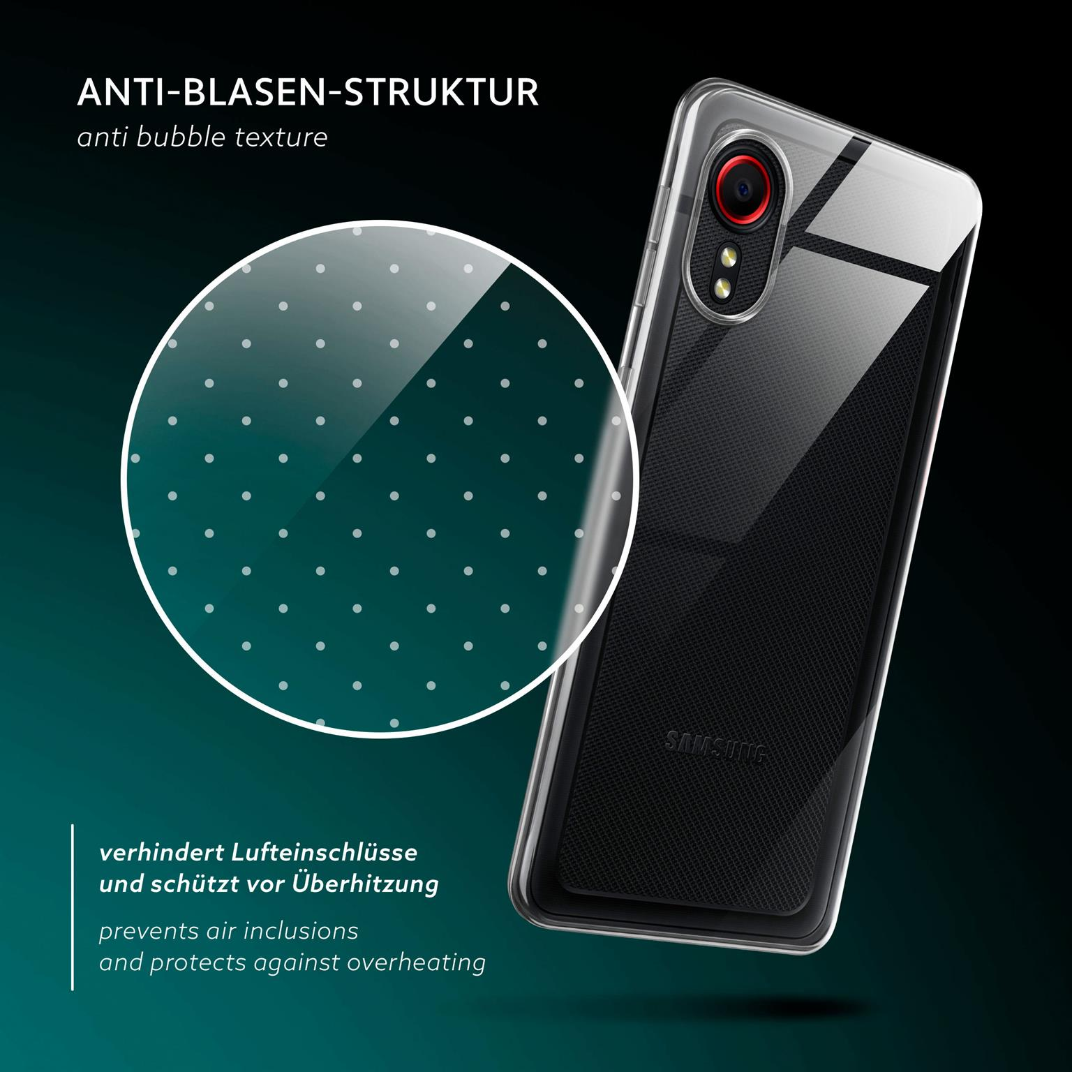 Transparente Handyhülle mit Anti-Blasen-Struktur, auf schwarzem Telefon.