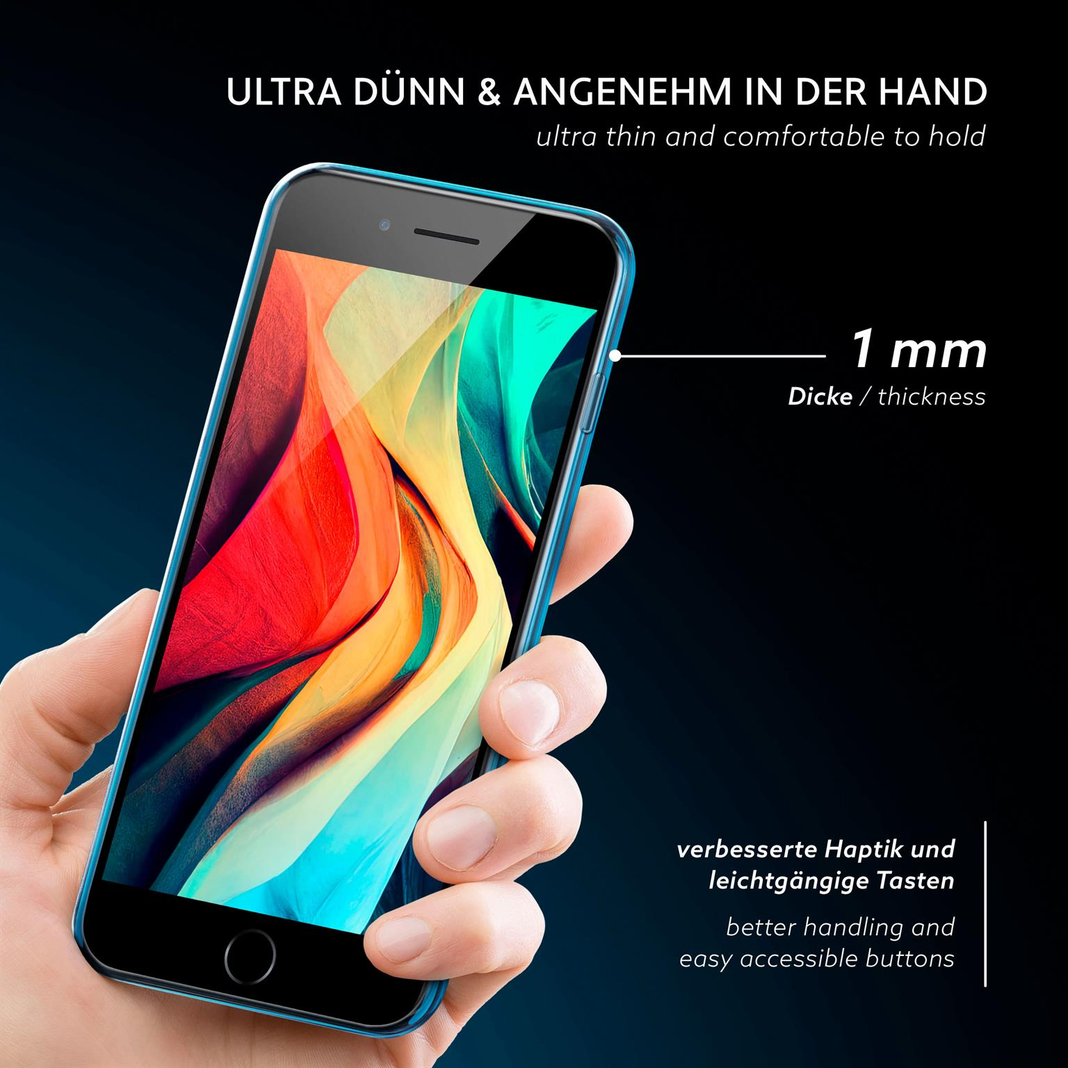 Eine Hand, die ein Telefon mit blauem Gehäuse hält, mit Bildschirm und Seitenprofil.