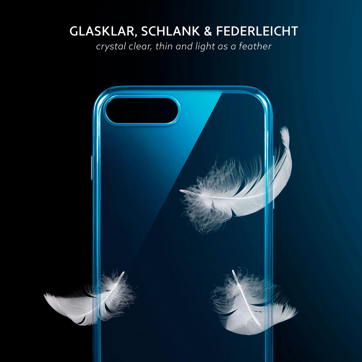 Blaue Handyhülle mit weißen Federn, Text "Glasklar, schlank & federleicht".
