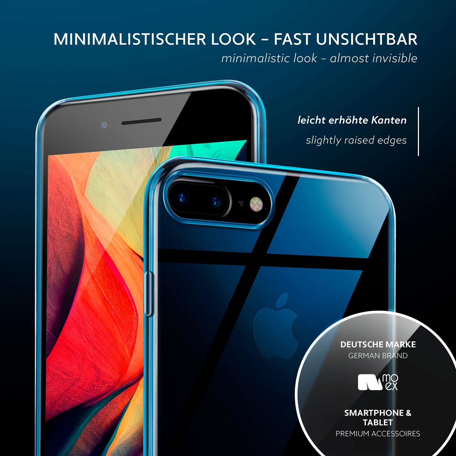 Zwei Telefone mit blauen Rändern und einem dunkelblauen Hintergrund. Text 'minimalistischer Look' ist vorhanden.