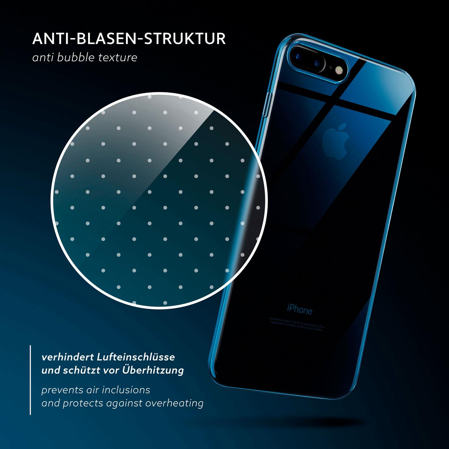 Blaue Handyhülle mit weißem Punktmuster und iPhone mit dunklem Hintergrund.