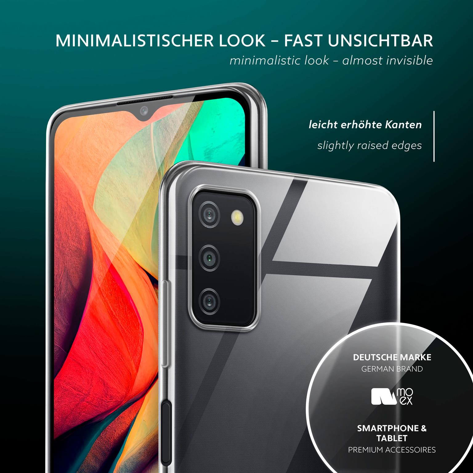 Zwei Telefone mit Hüllen, eines vorne, leicht erhöhte Kanten, mit einem Logo.