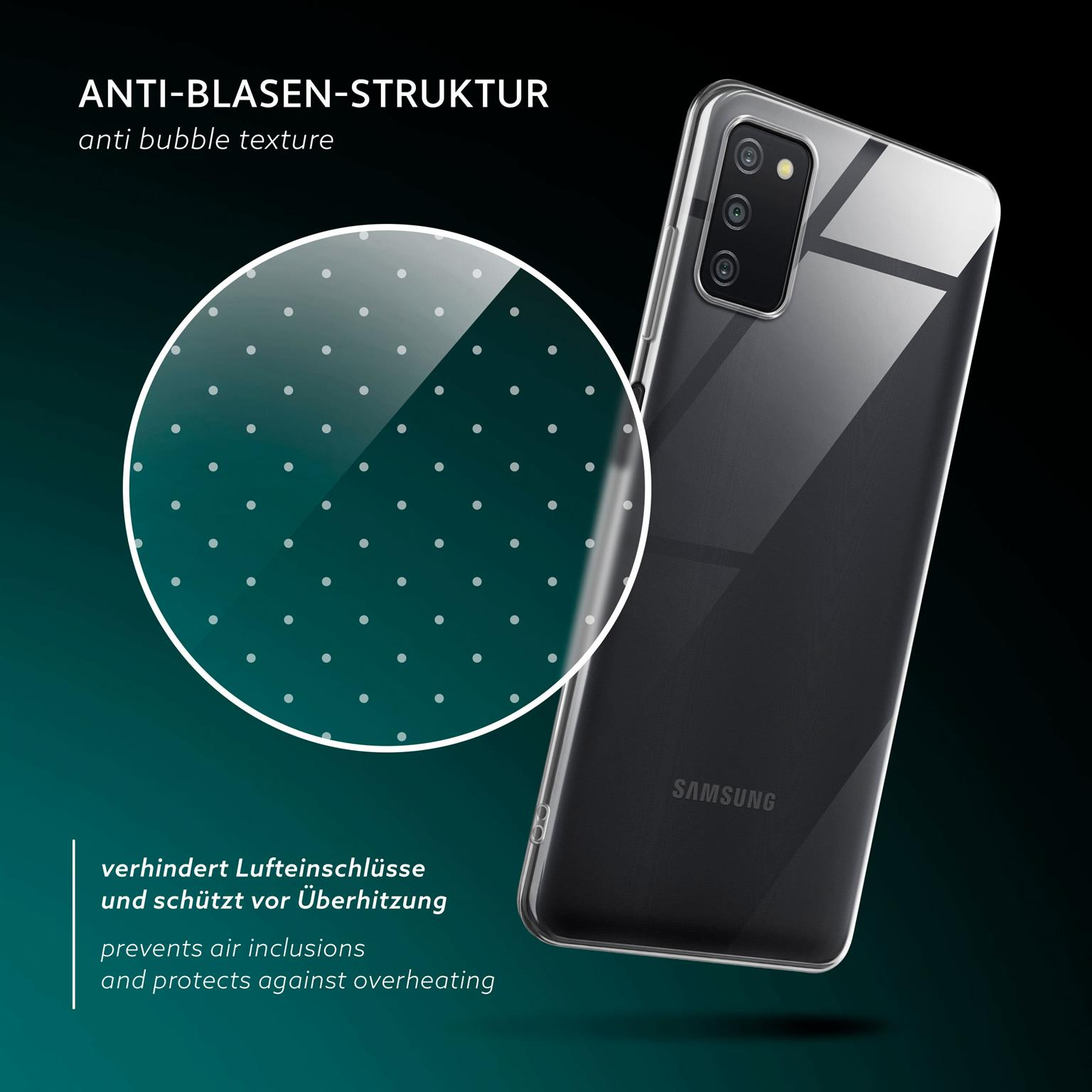 Ein Telefon in einer klaren Hülle. Text über die Blasenstruktur und Überhitzungsschutz ist sichtbar.