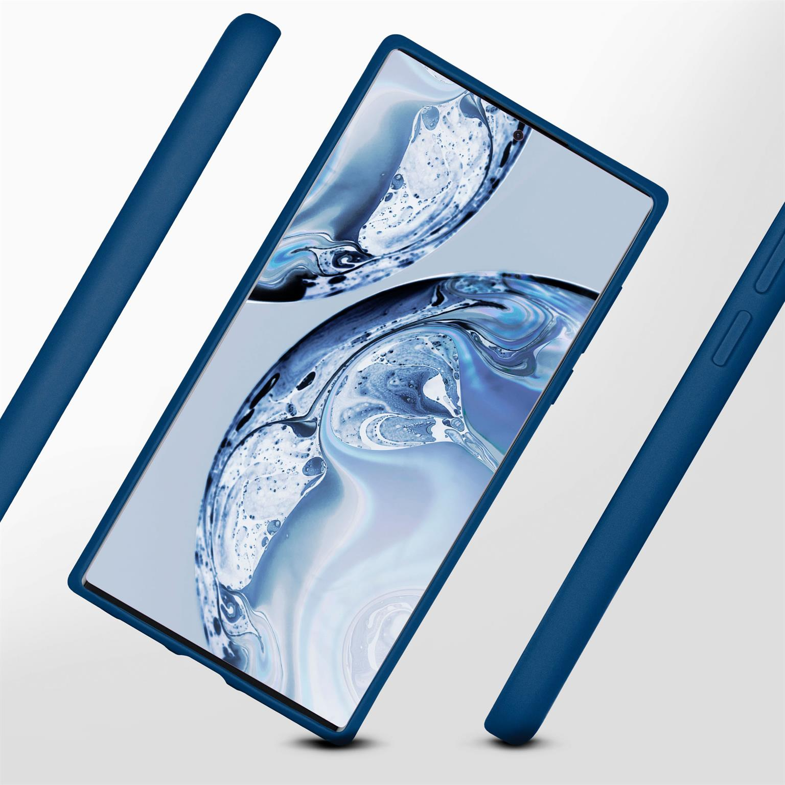 Blaue Handyhülle mit Telefon darin. Drei Teile. Weißer Hintergrund.