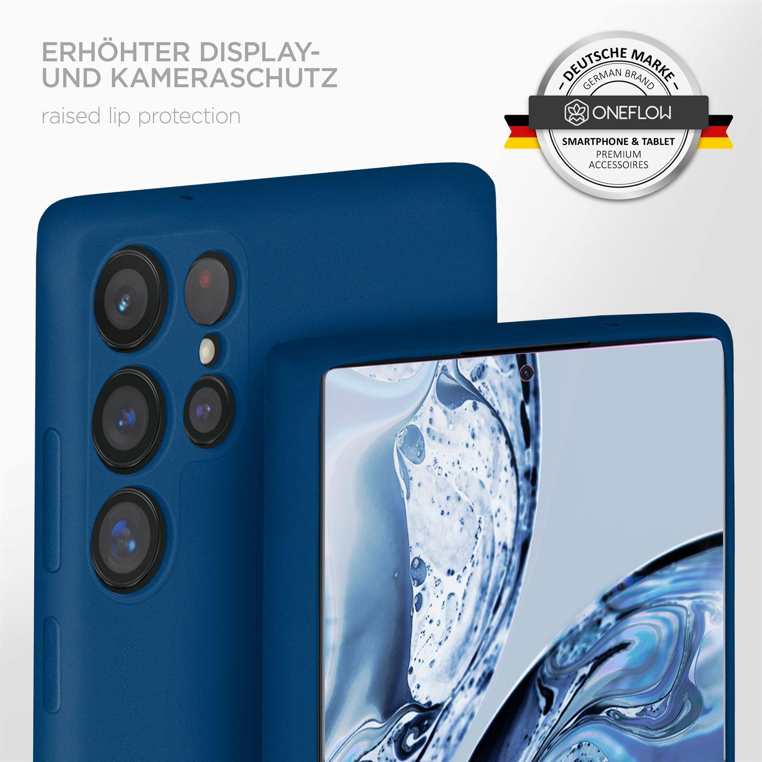 Blaue Handyhülle mit Kameraausschnitten. Ein Oneflow-Logo auf der rechten Seite und deutscher Text.