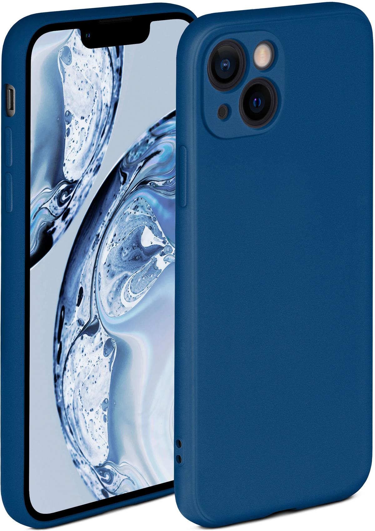 Blaue Handyhülle auf einem Handy. Das Handy ist blau und hat einen Bildschirm, der ein farbenfrohes Bild zeigt.
