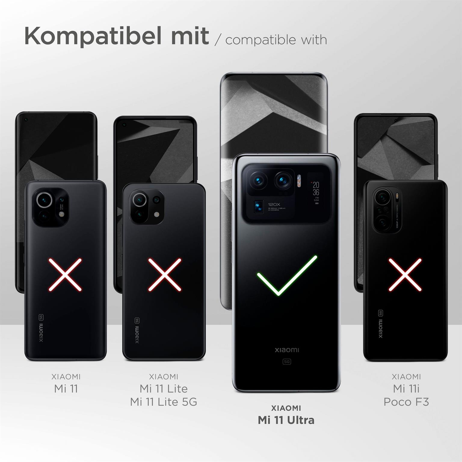 Telefonhüllen mit weißem Häkchen, die Kompatibilität zeigen. Die Handyhüllen sind schwarz.