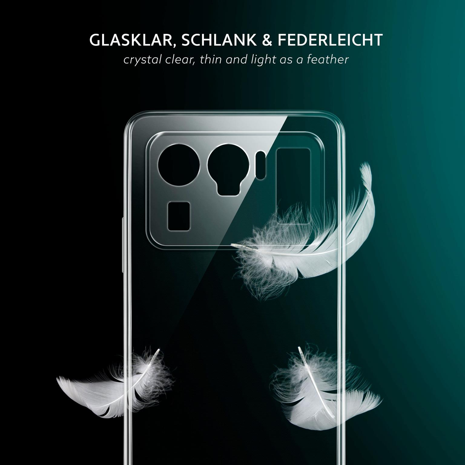 Transparente Handyhülle mit Federn. Text: kristallklar, dünn und federleicht.