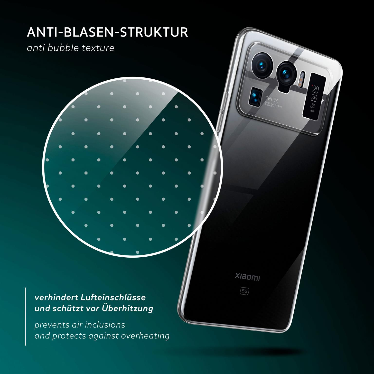 Telefon mit Schutzhülle, Anti-Blasen-Struktur, schwarzer Hintergrund.