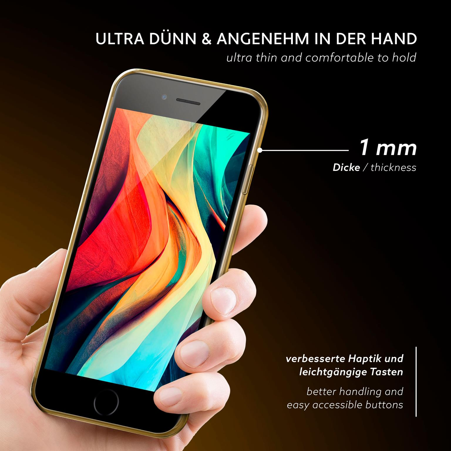 Eine Hand hält ein goldfarbenes Telefon in einer transparenten Hülle. Text: ultradünn und bequem.