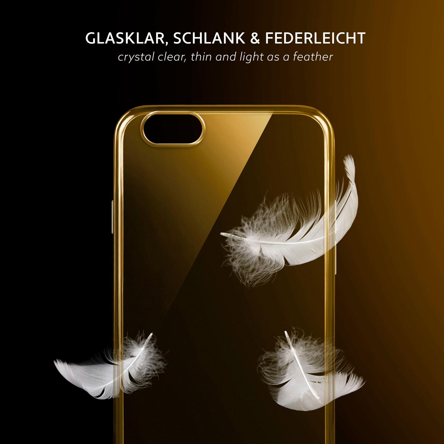 Eine transparente Handyhülle mit goldenem Rahmen und weißen Federn auf dunklem Hintergrund.