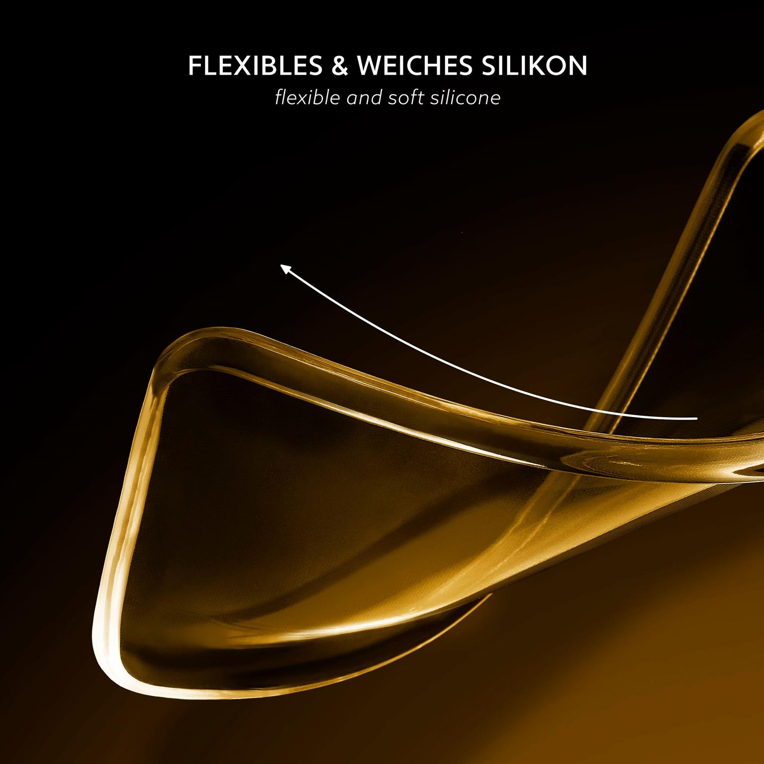 Goldene, gebogene Silikonhülle mit Text: flexibel und weiches Silikon.