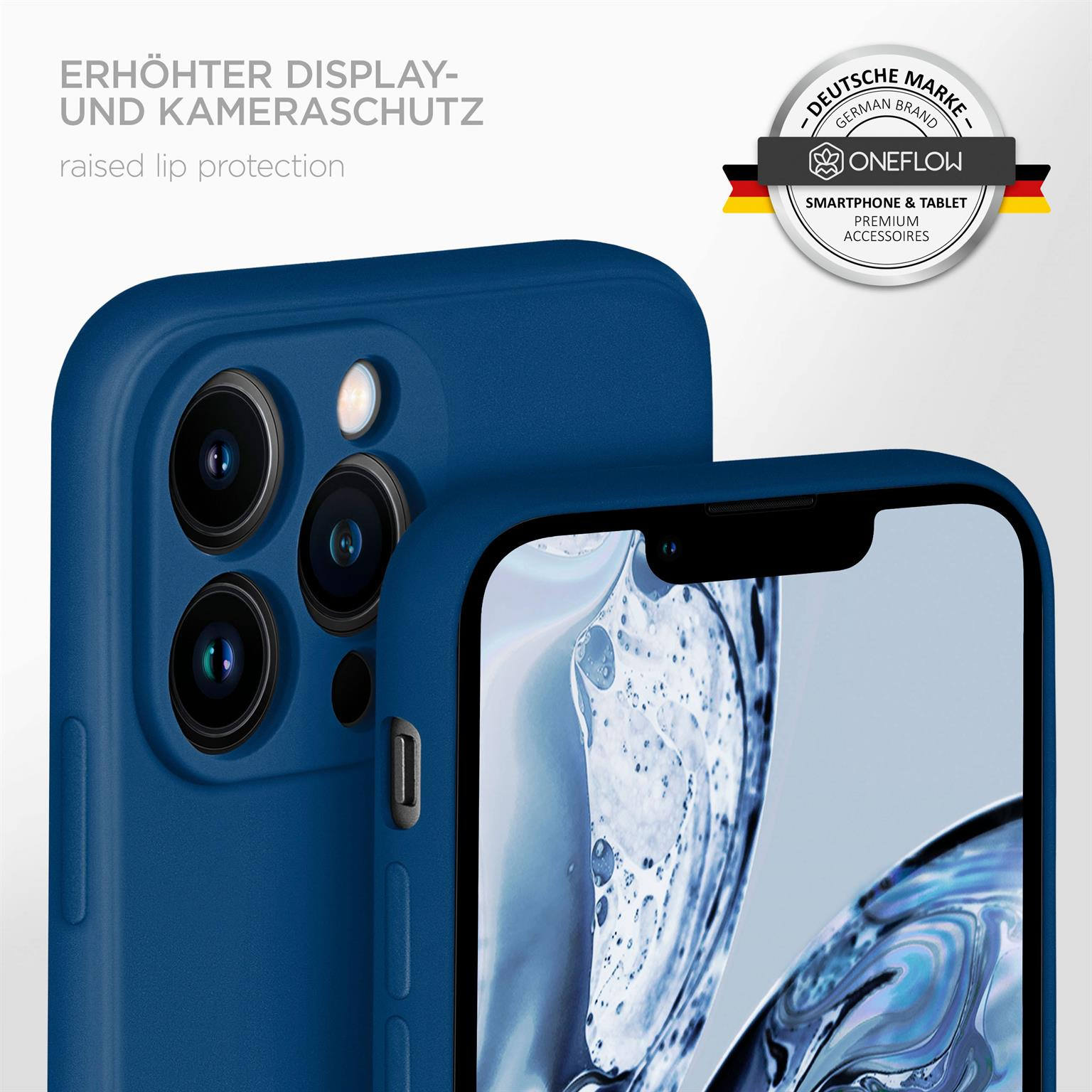Blaue Handyhülle mit Telefon. Text: "Erhöhter Display- und Kameraschutz" und Logo.