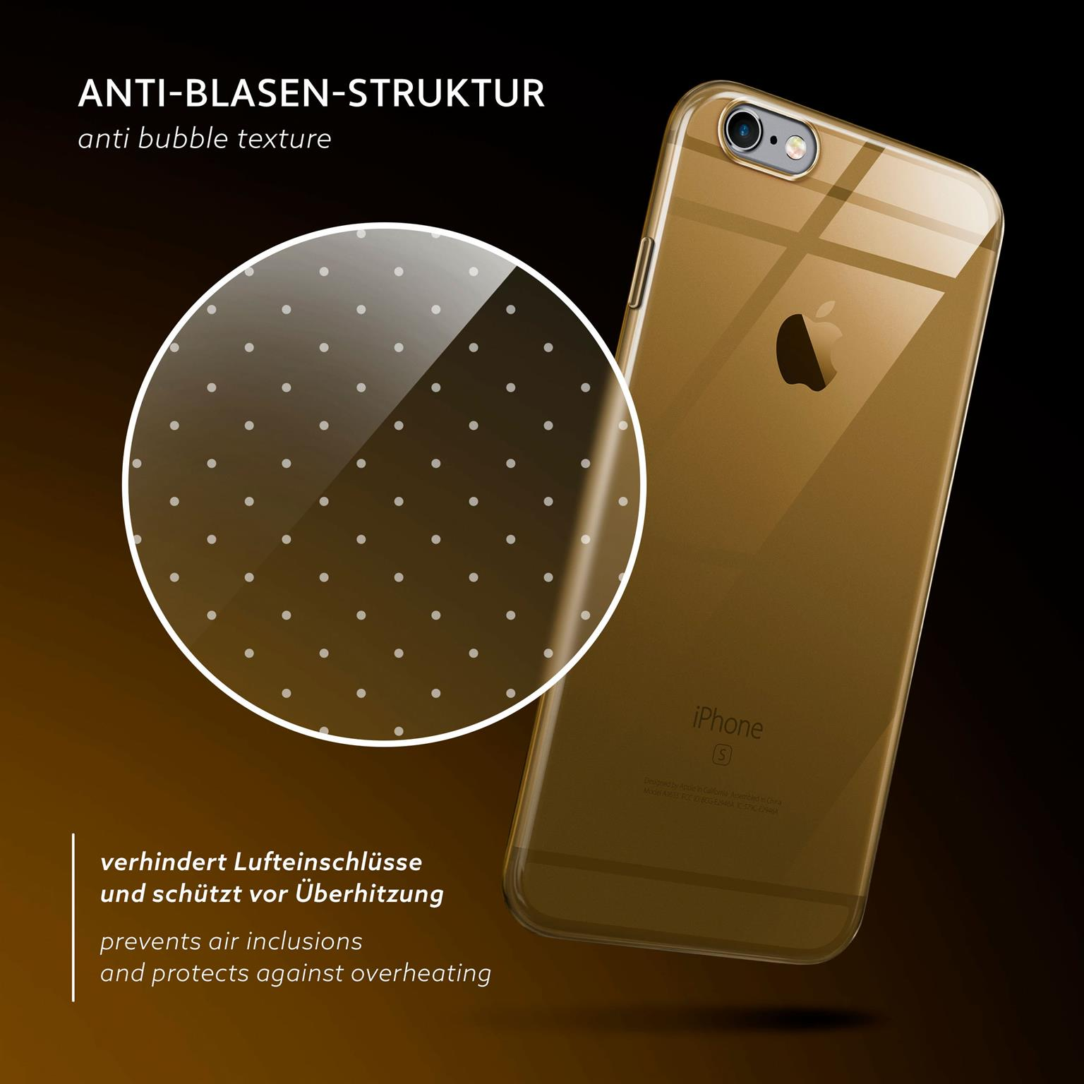 Transparente Handyhülle mit gepunktetem Muster auf goldenem Hintergrund, iPhone innen sichtbar.