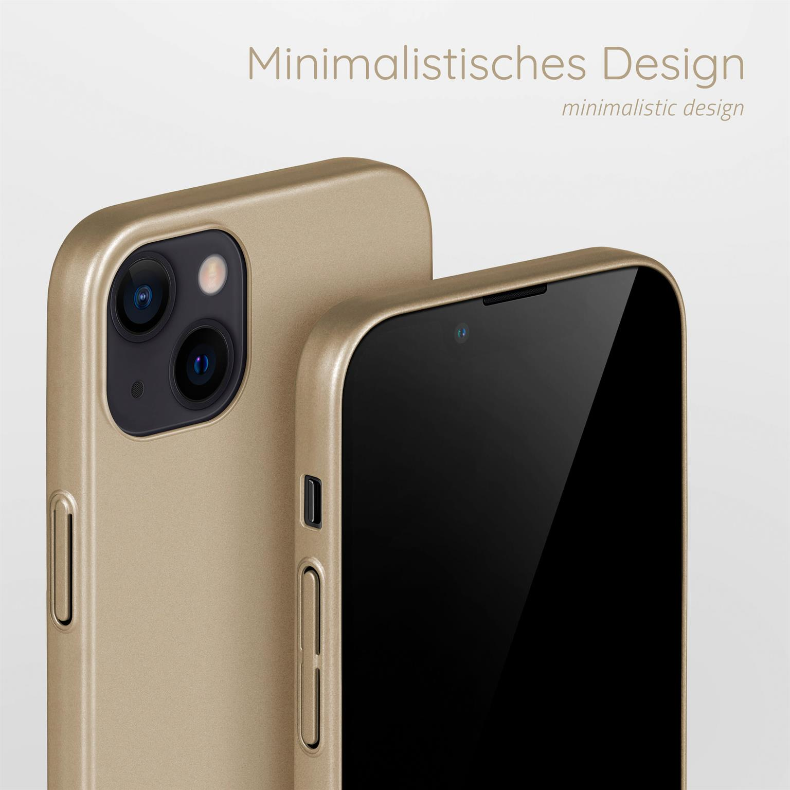 Goldene Handyhülle und Telefon, Nahaufnahme, minimalistisches Design.