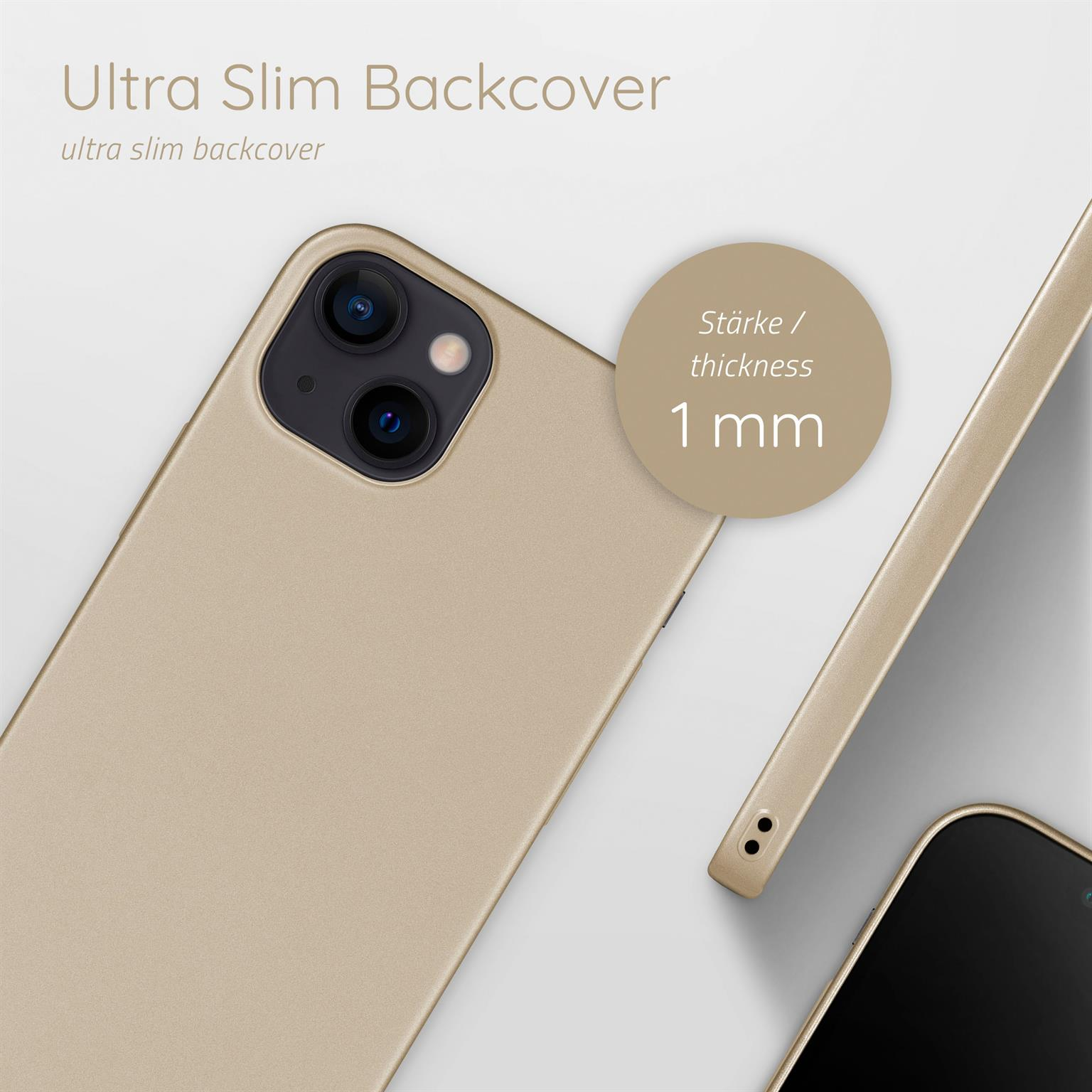 Smartphone mit goldener Hülle. Text: Ultra-schlanke Rückseite. Dicke ist 1 mm. Beigefarbener Hintergrund.
