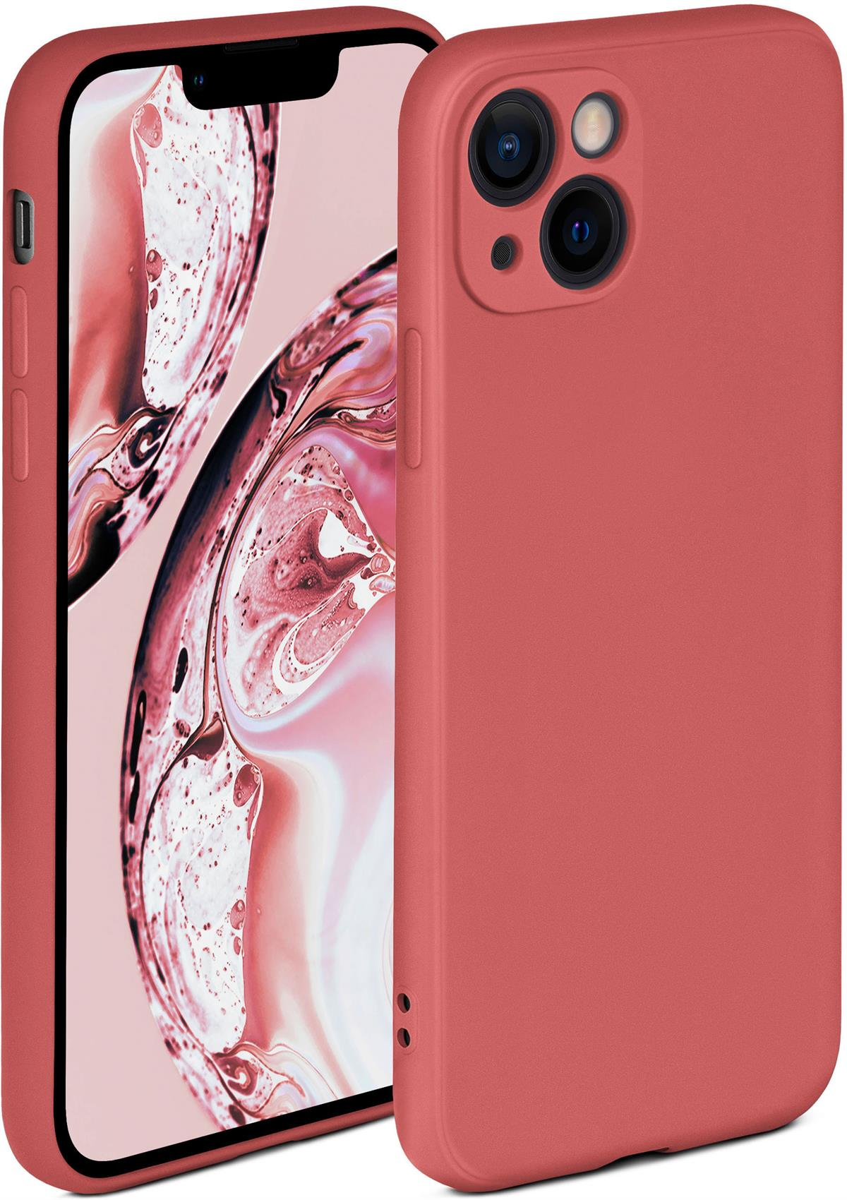 Korallenfarbene Handyhülle auf zwei iPhones. Die Hüllen bedecken die Telefone.