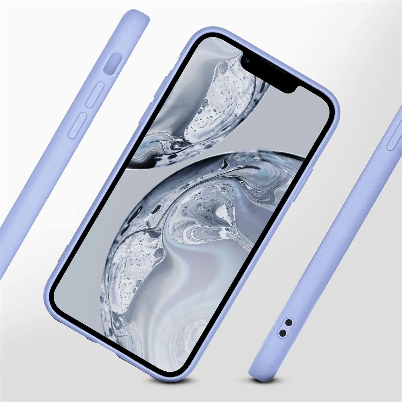 Telefon in hellblauer Hülle, mit drei Teilen, die um das Telefon herum angezeigt werden.