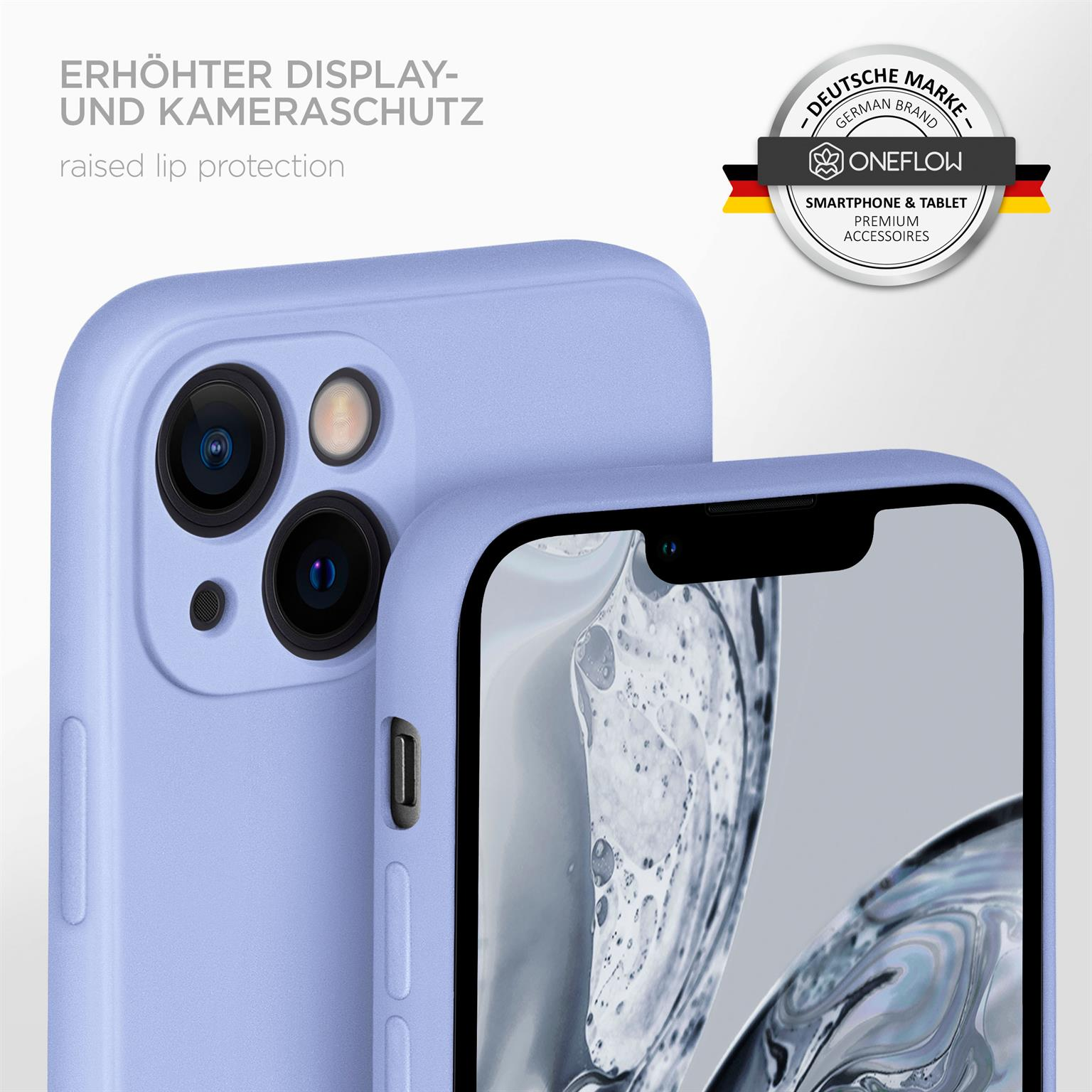 Nahaufnahme einer Handyhülle, die ein Telefon schützt. Die Hülle ist periwinkelfarben mit einem erhöhten Rand.