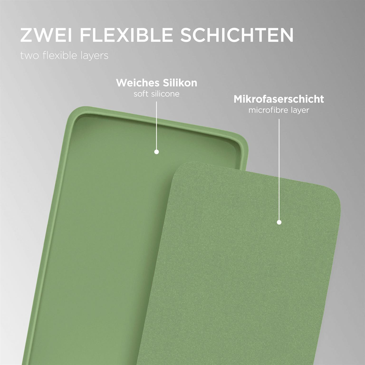 Zwei Schichten einer Handyhülle. Eine ist weiches Silikon, die andere eine Mikrofaser-Schicht. Text: 'zwei flexible Schichten'.