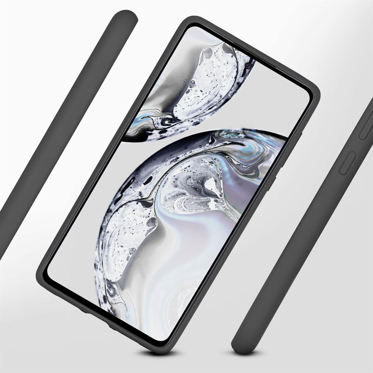 Schwarzes Smartphone in einer Hülle. Drei Balken sind im Bild. Weißer Hintergrund.
