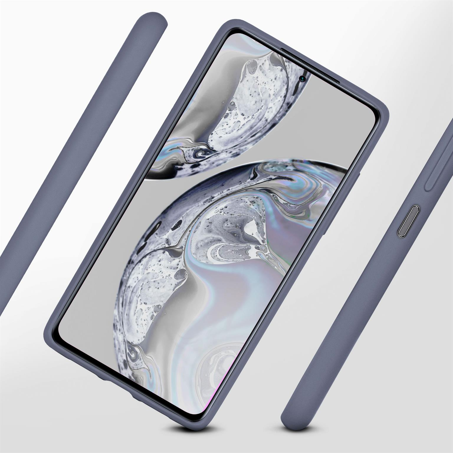 Ein Telefon in einer grauen Hülle, mit mehreren Winkeln der Hülle und des Telefons.
