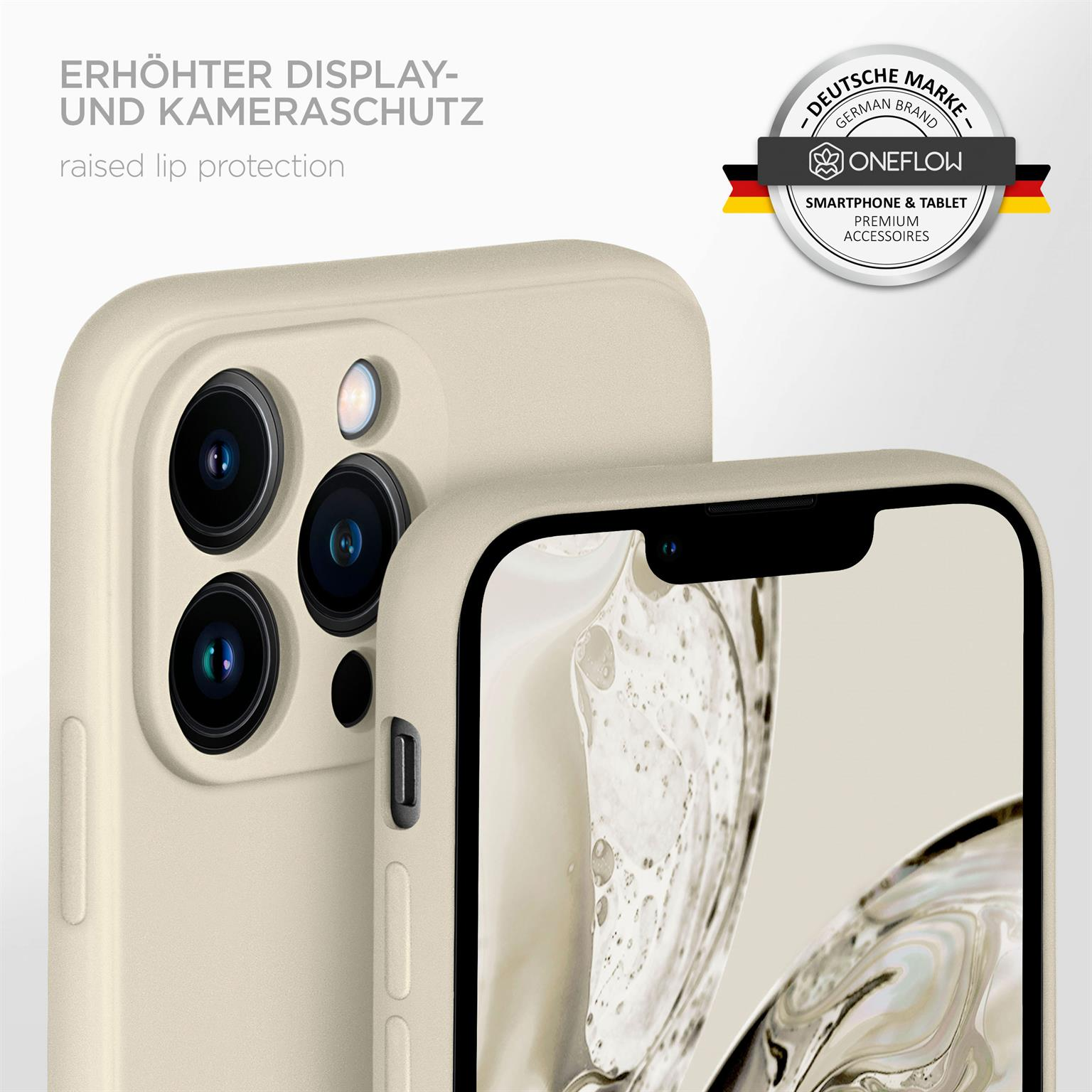 Cremefarbene Handyhülle mit Handy. Erhöhter Kamera- und Displayschutz.