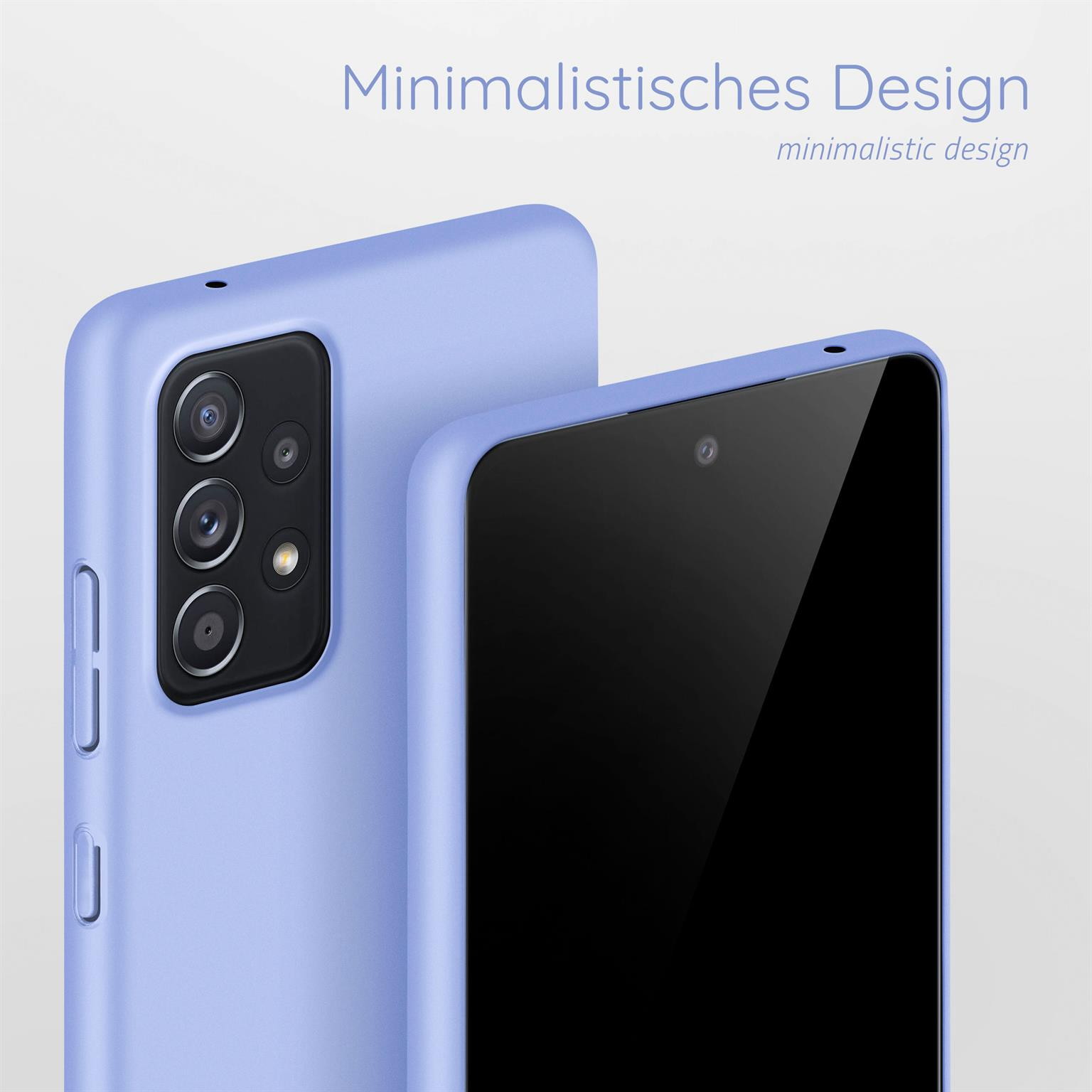 Zwei hellblaue Smartphones mit Hülle. Text: Minimalistisches Design.