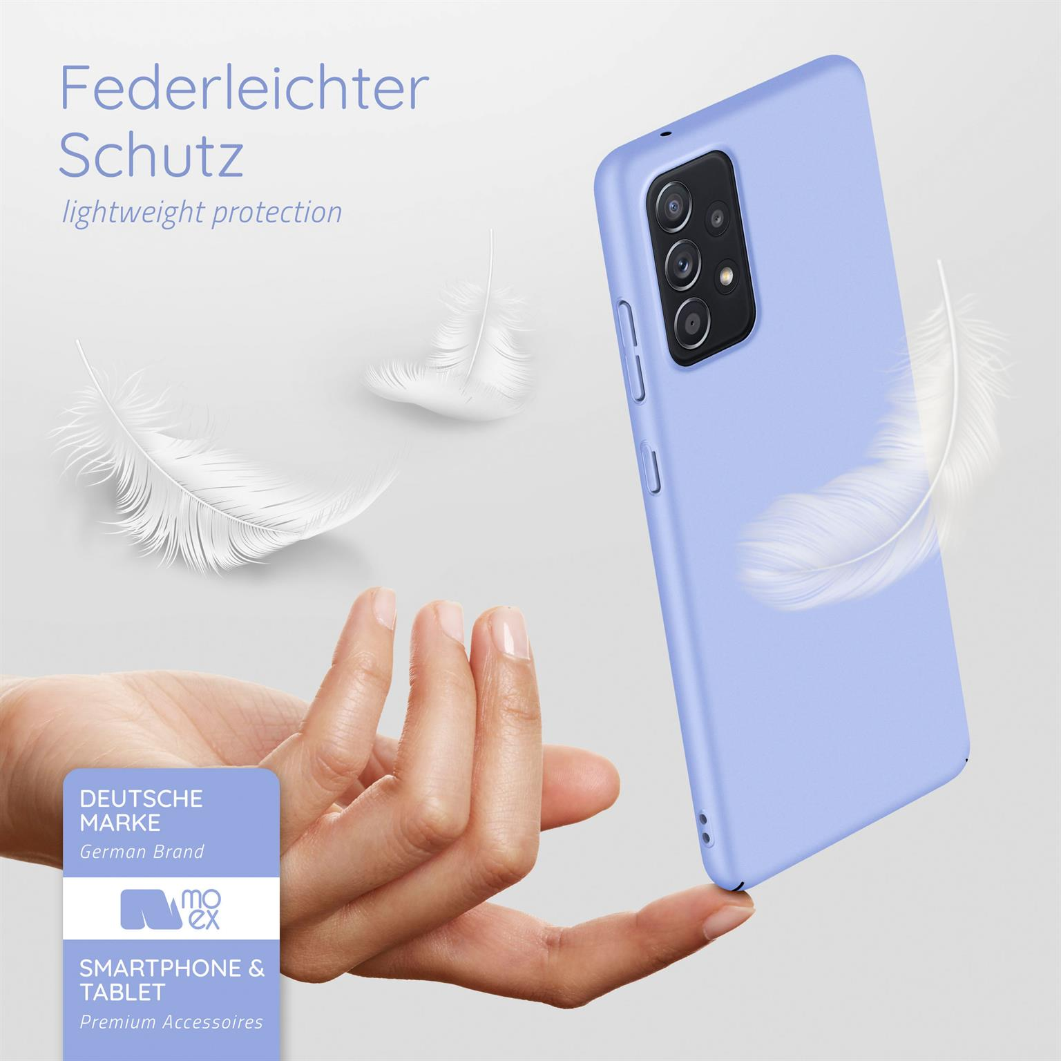 Hellblaue Handyhülle mit Federn. Text: Leichter Schutz. Deutsche Marke, Smartphone & Tablet.