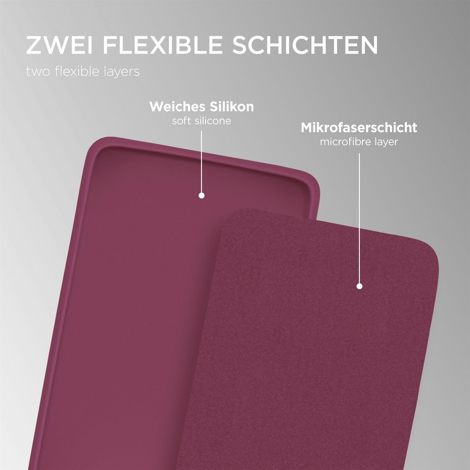 Zwei Lagen Handyhüllenmaterial, eine burgunderfarbene und eine graue. Text auf Deutsch.