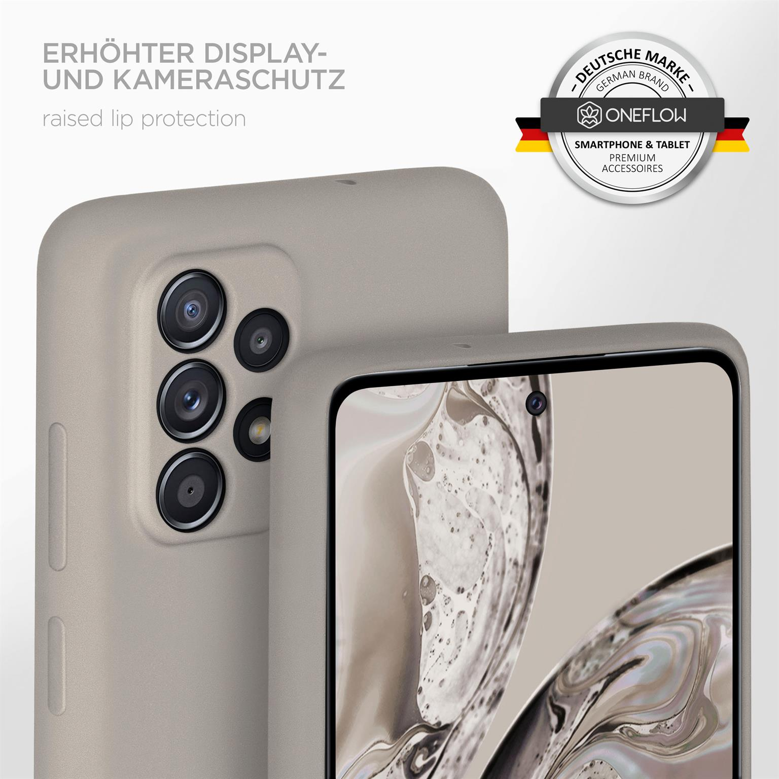 Nahaufnahme einer Handyhülle mit erhöhtem Rand und Kameraschutz. Beige Farbe.