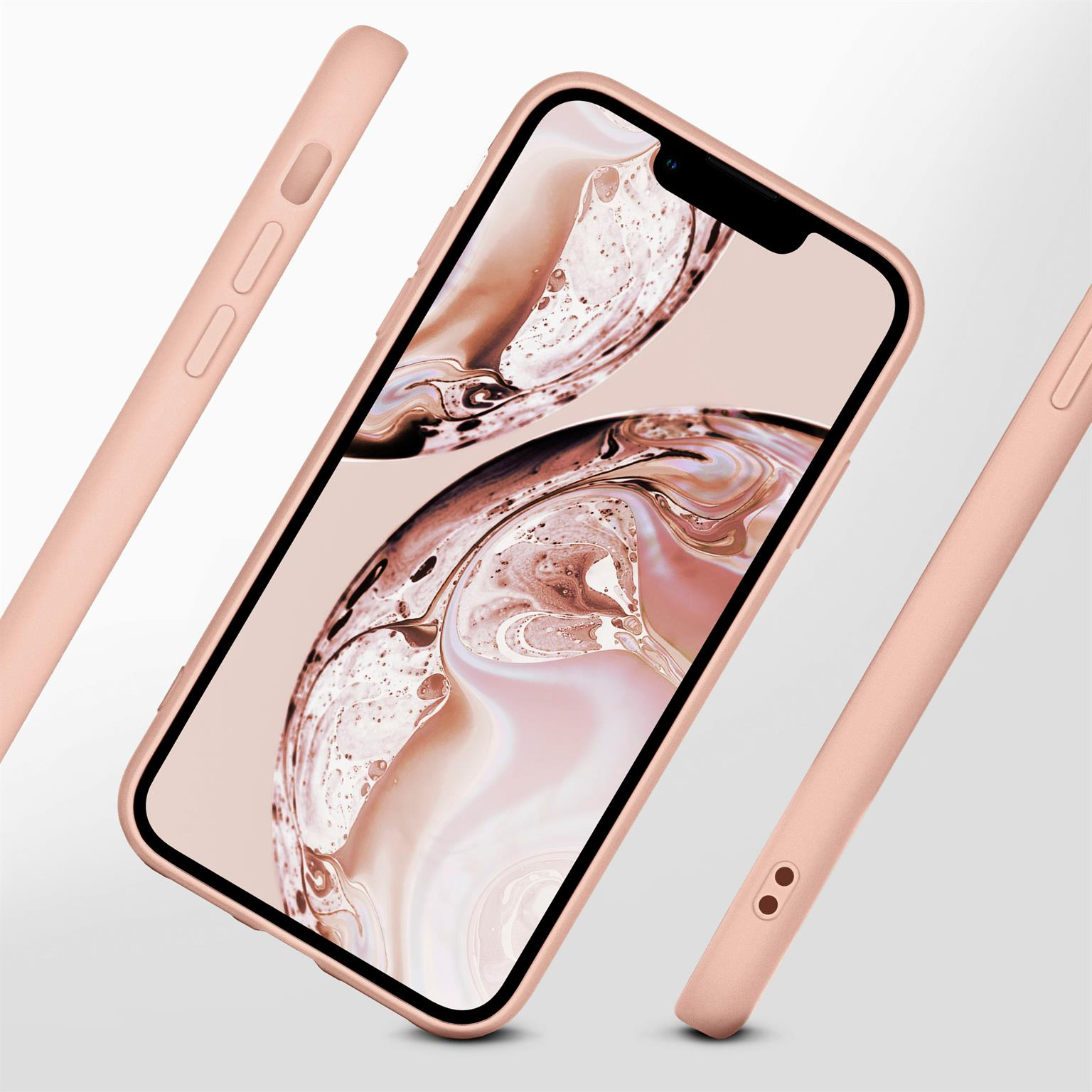 Eine Handyhülle mit rosa Rand, die einen Telefonbildschirm in Schrägansicht zeigt.