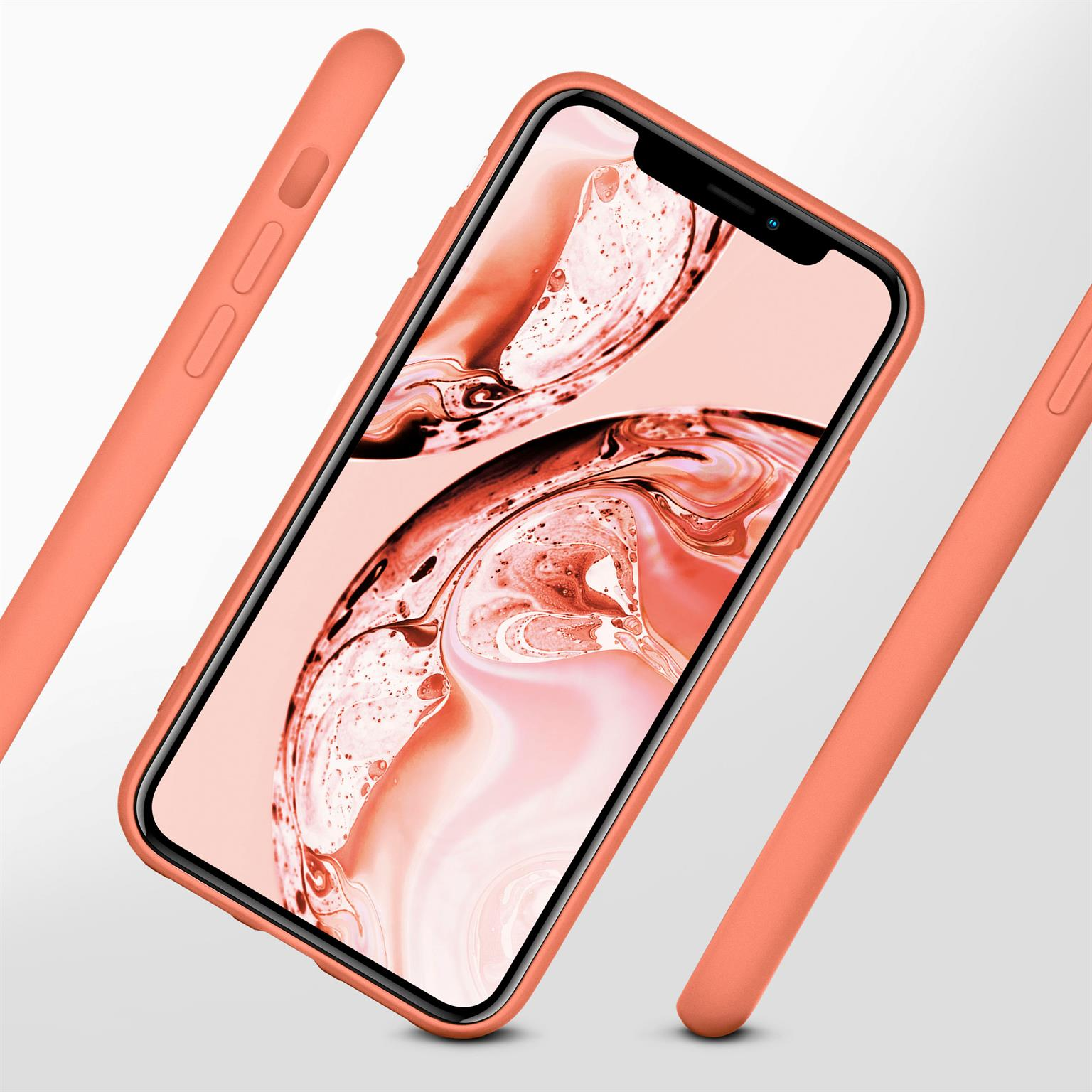 Ein Telefon in einer rosa Hülle, mit einem rosa Hintergrund. Zwei weitere Hüllen sind sichtbar.
