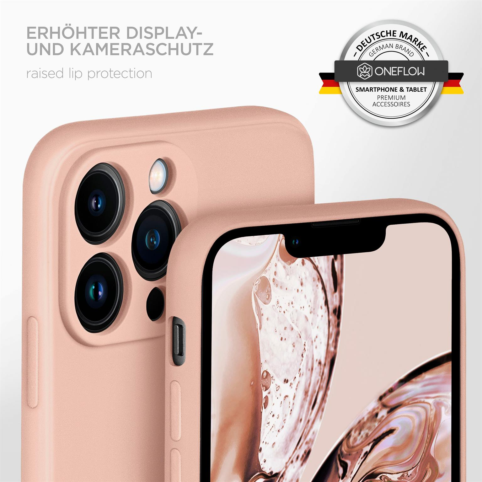 Rosa Handyhülle mit Kamera- und Displayschutz. Ein Logo befindet sich in der Ecke.