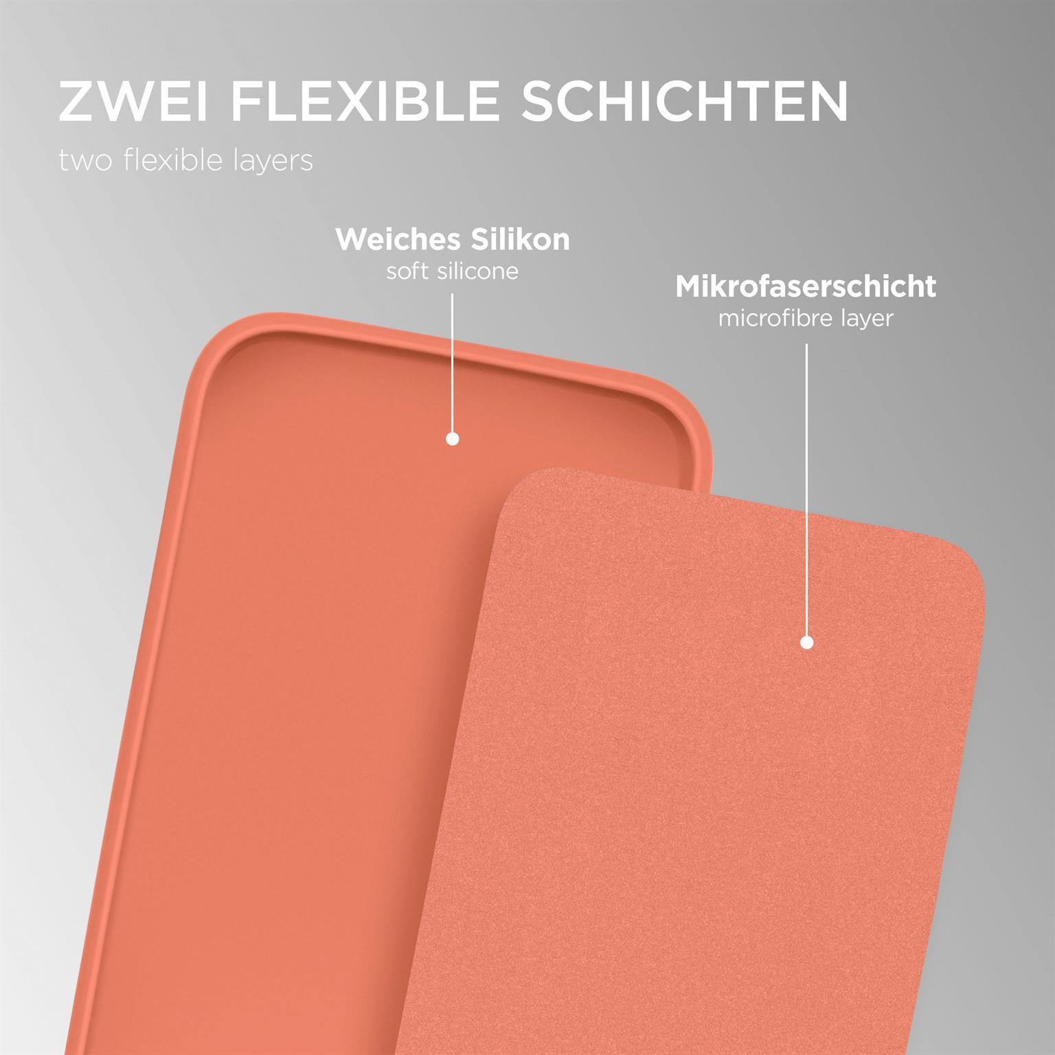 Zwei Handyhüllen, orange und blau. Text: zwei flexible Schichten. Weiches Silikon und Mikrofaserschicht.