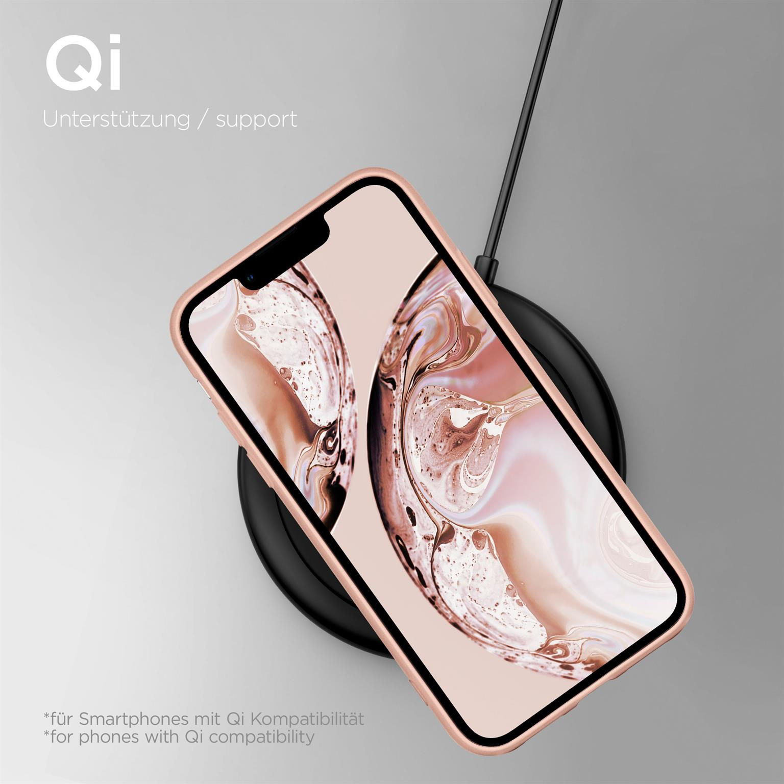 Telefon auf schwarzem kabellosem Ladegerät. Roségoldenes Gehäuse. Hellgrauer Hintergrund.