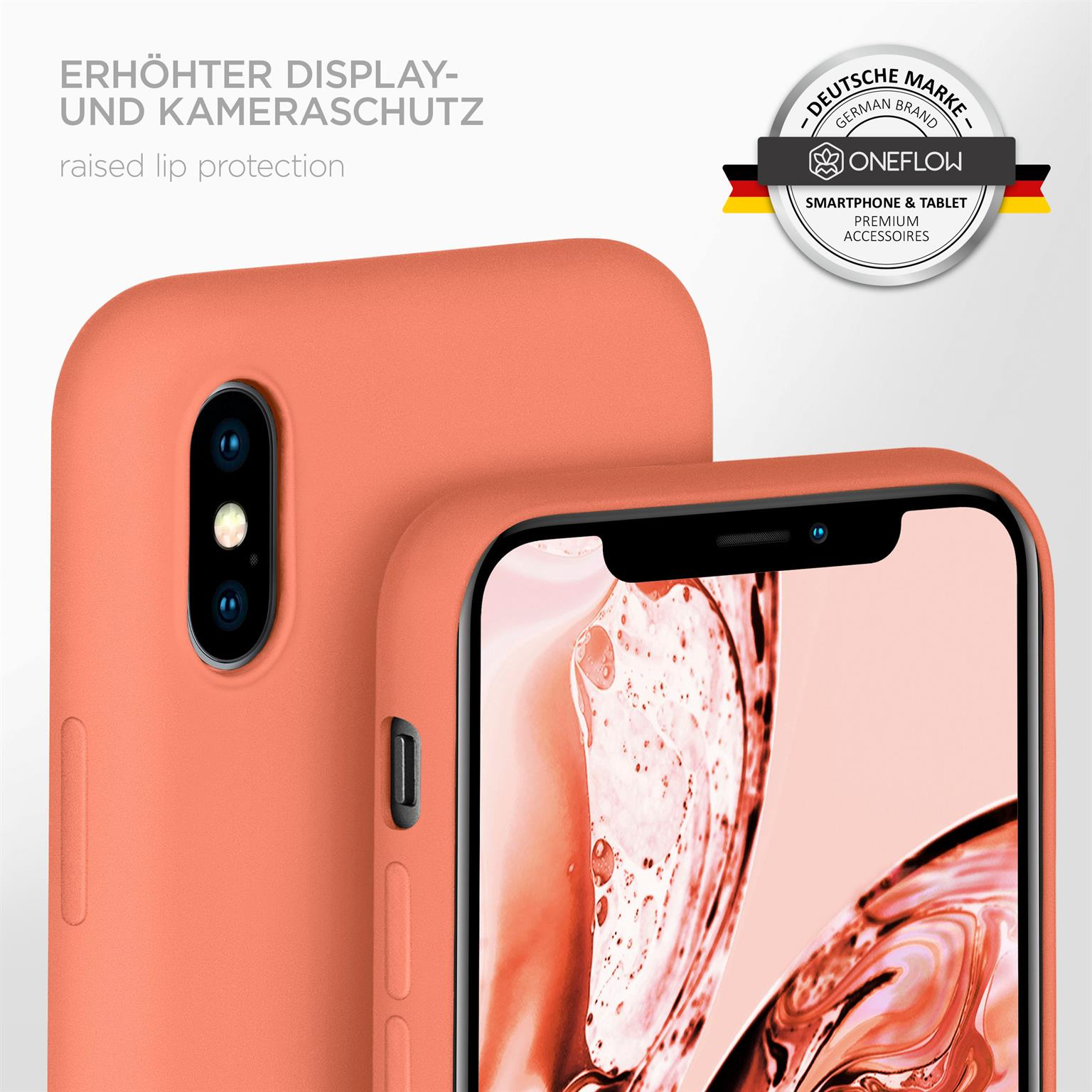 Orangene Handyhülle mit erhöhtem Rand. Logo und deutscher Markentext sind sichtbar.