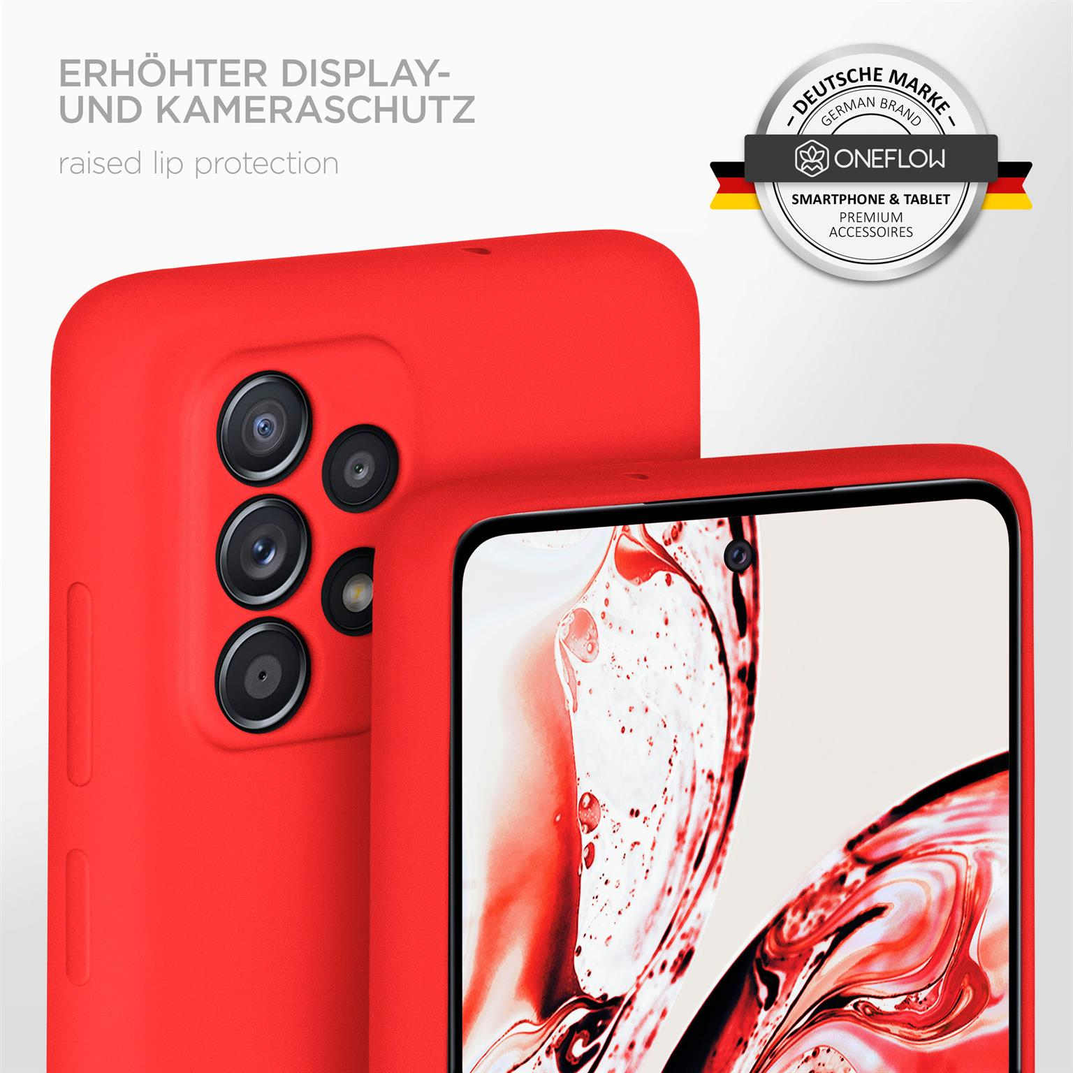 Eine rote Handyhülle mit Kamera, Text 'ERHÖHTER DISPLAY- UND KAMERASCHUTZ'. Ein Logo 'ONEFLOW' ist sichtbar.