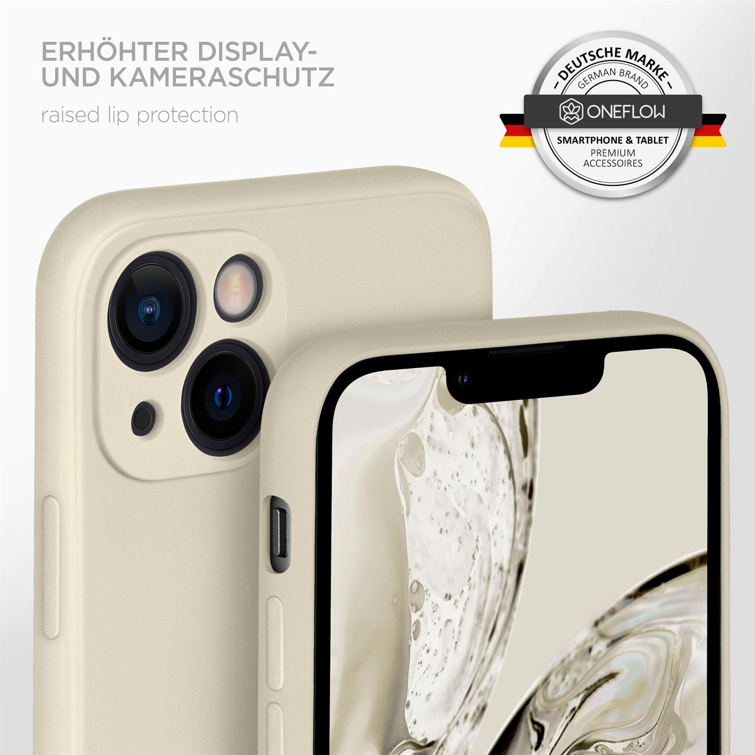 Beige Handyhülle auf einem Telefon. Die Hülle bedeckt die Kamera und den Bildschirm. Ein deutsches Markenlogo.