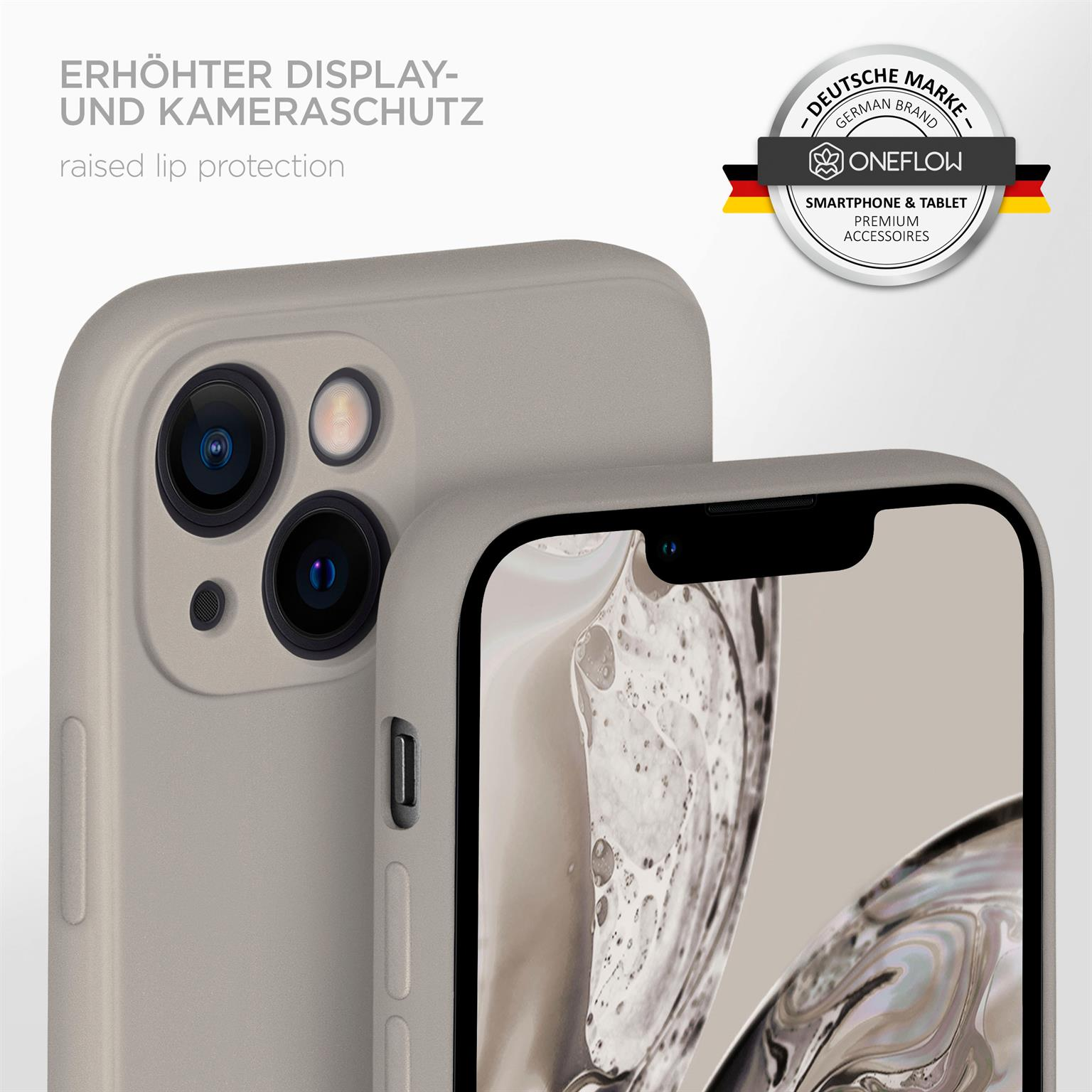 Graue Handyhülle mit erhöhtem Rand. Logo und deutscher Markentext sind sichtbar.