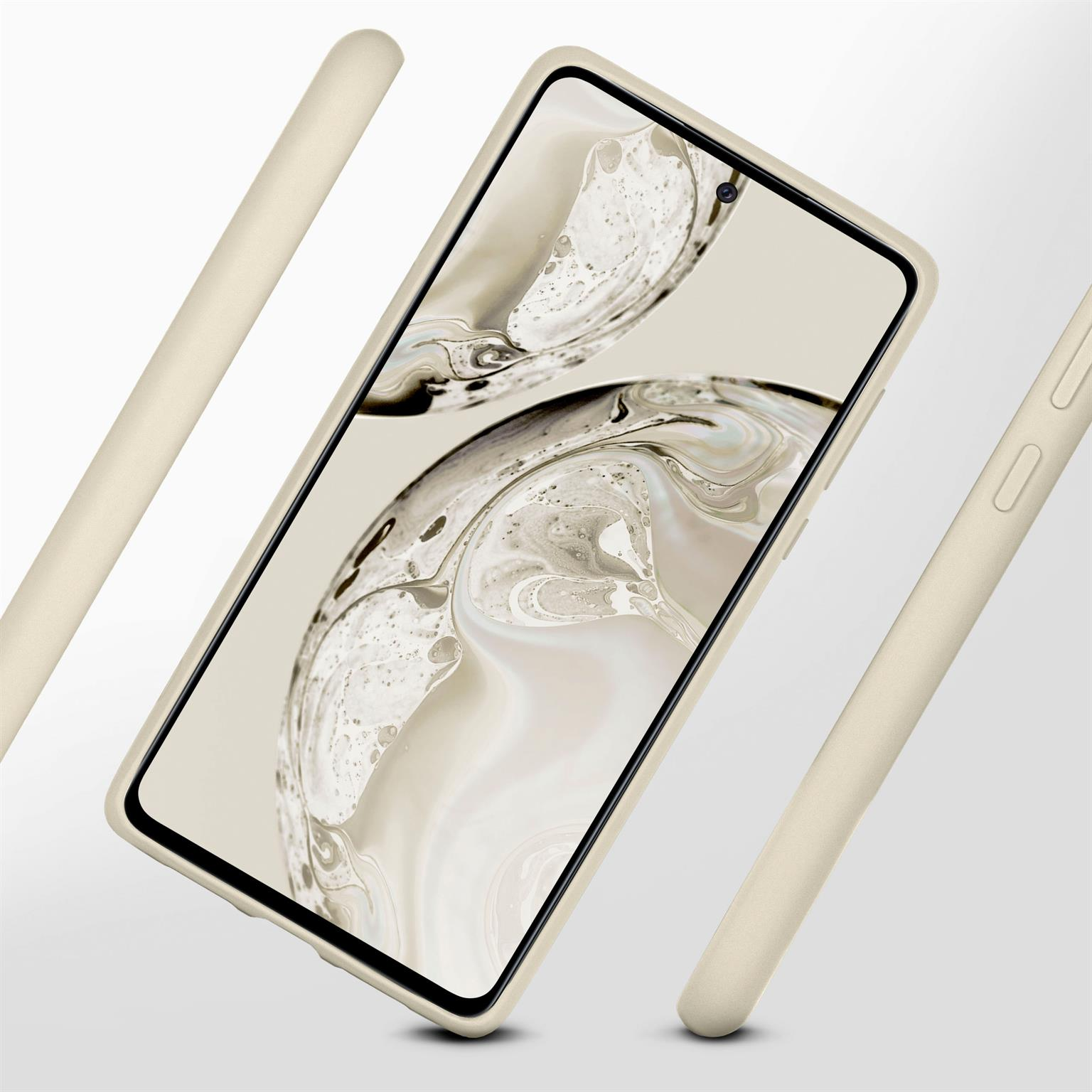 Telefon in einer cremefarbenen Hülle. Die Hülle bedeckt die Seiten und die Rückseite des Telefons. Creme auf Weiß.