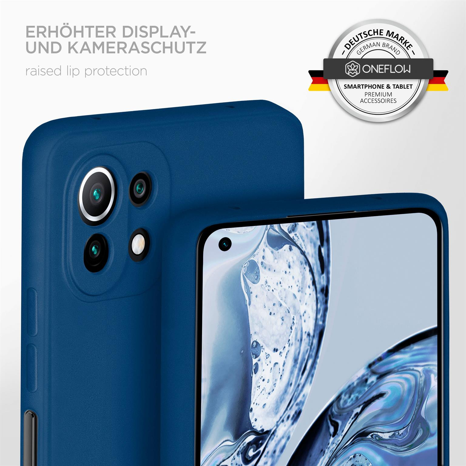 Blaue Handyhülle mit erhöhten Kanten, mit OneFlow und Logo versehen, ein Telefon ist sichtbar.