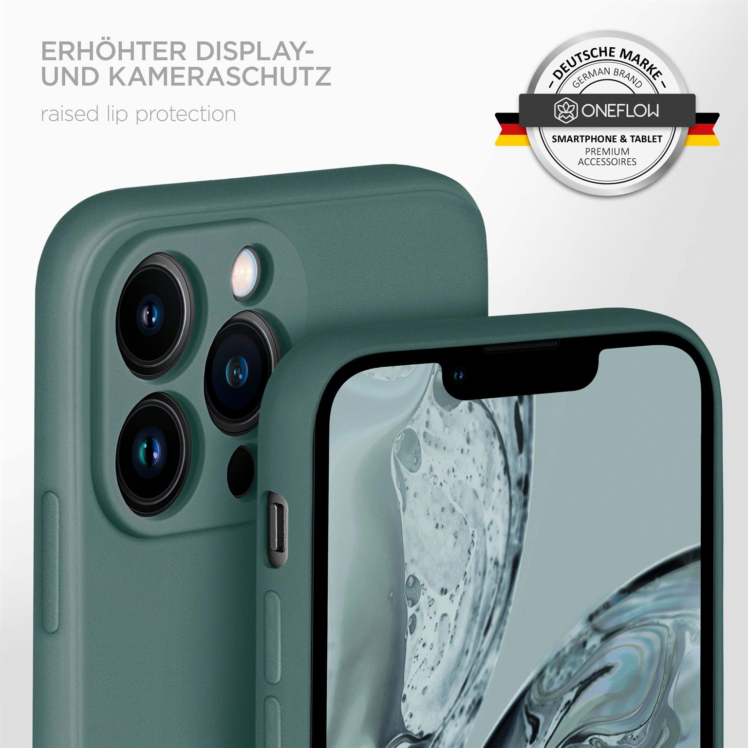 Grüne Handyhülle mit erhöhtem Rand. Logo und deutscher Markentext sind sichtbar.