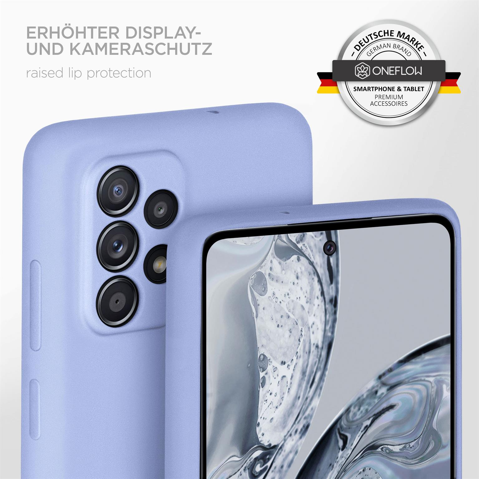 Nahaufnahme einer lila Handyhülle mit einem Telefon darin. Die Hülle hat erhöhte Kanten.